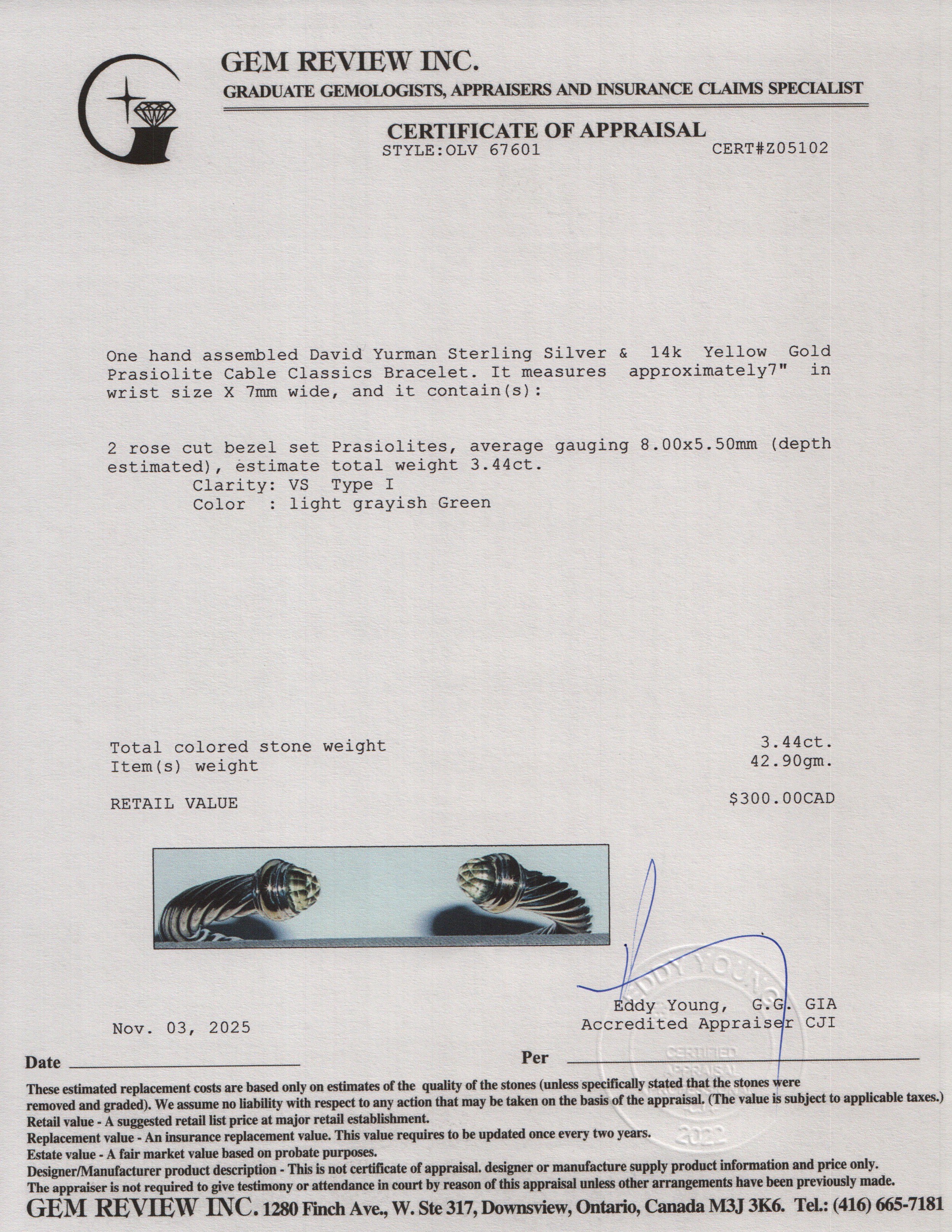 David Yurman Sterling Silver & 14k Yellow Gold Prasiolite 7 MM Cable Classics Bracelet