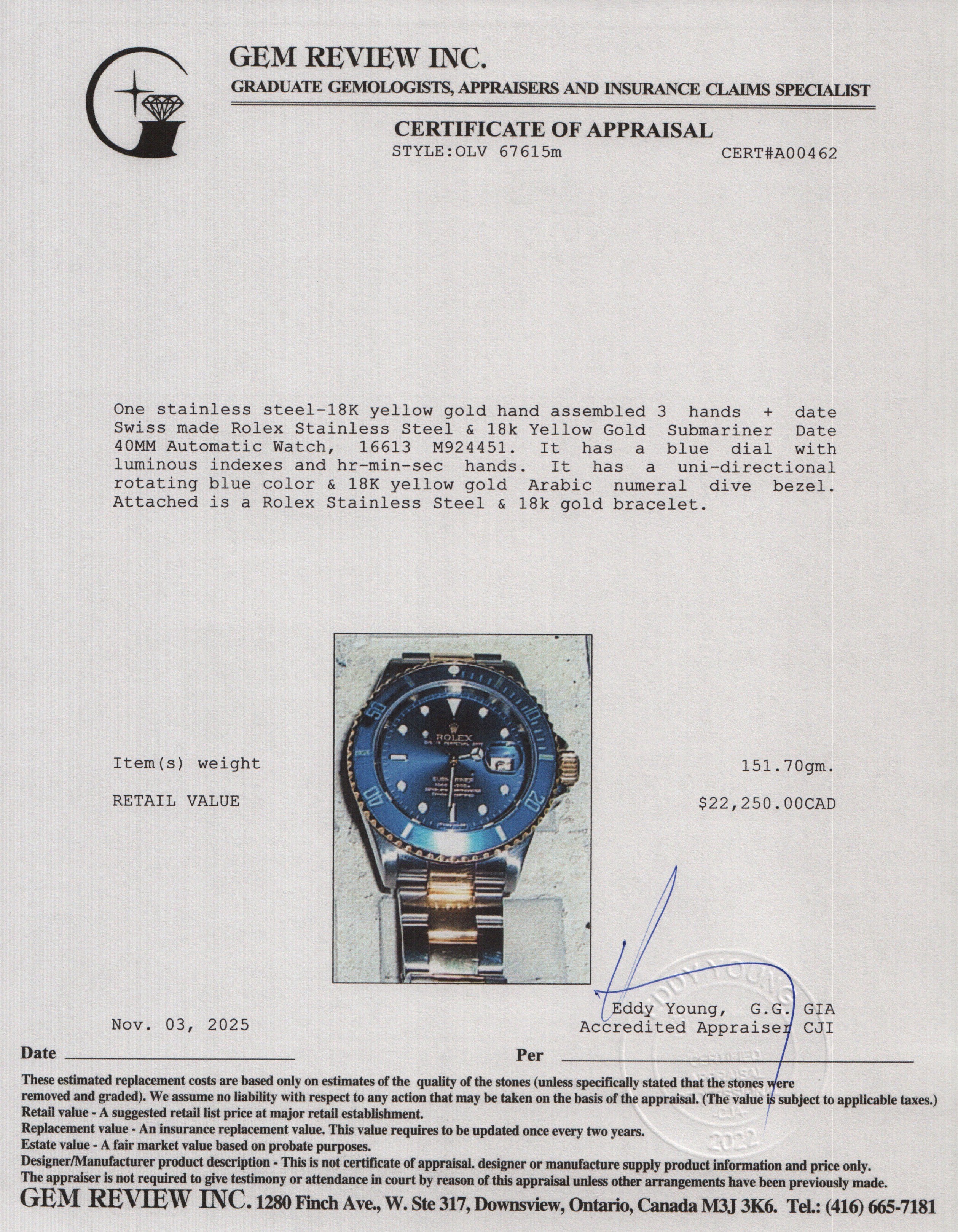 Rolex Stainless Steel & 18k Yellow Gold Submariner Date 40 MM Automatic Watch Blue Dial 16613 w/ Box