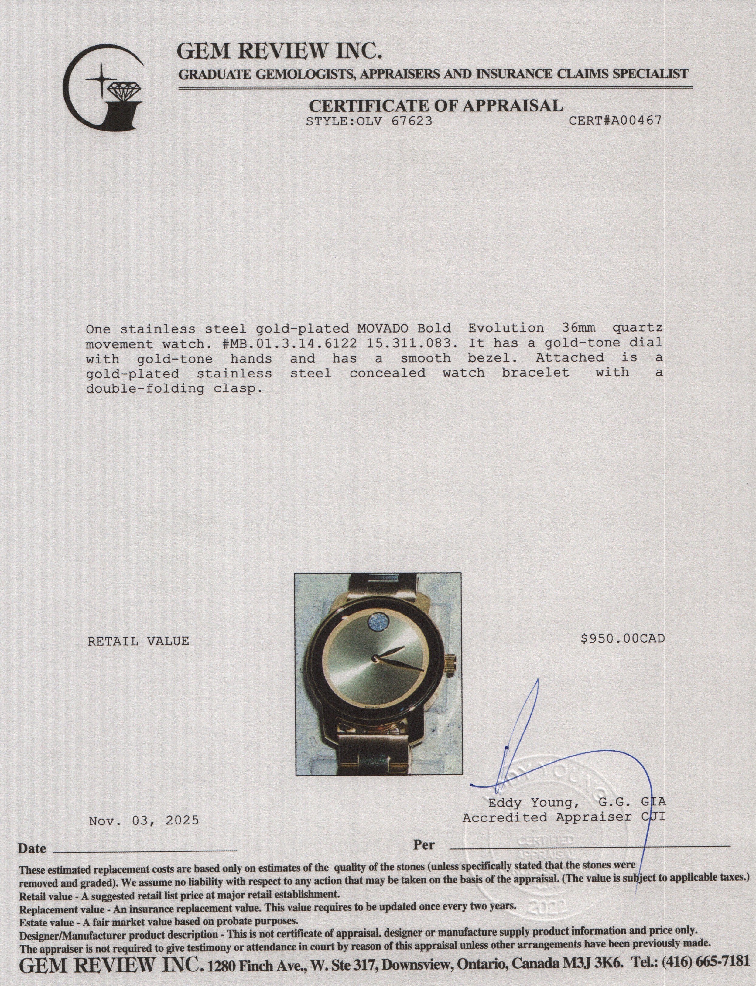 Movado Gold Plated Stainless Steel Bold Evolution 36 MM Quartz Watch