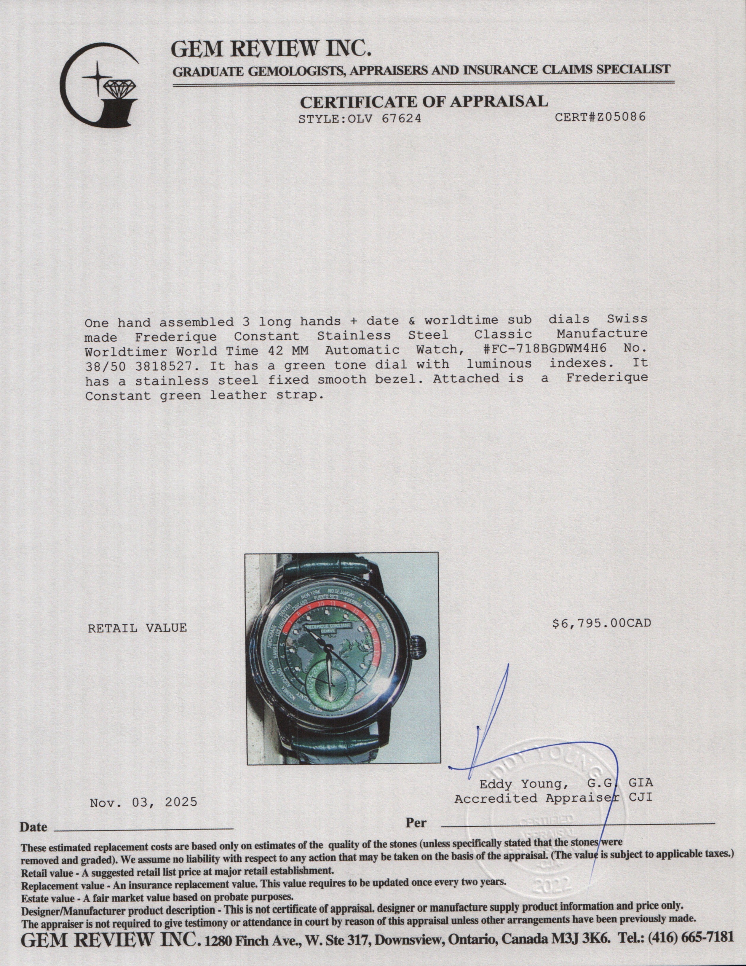 Frederique Constant Stainless Steel Classic Manufacture Worldtimer World Time 42 MM Automatic Watch Green Dial