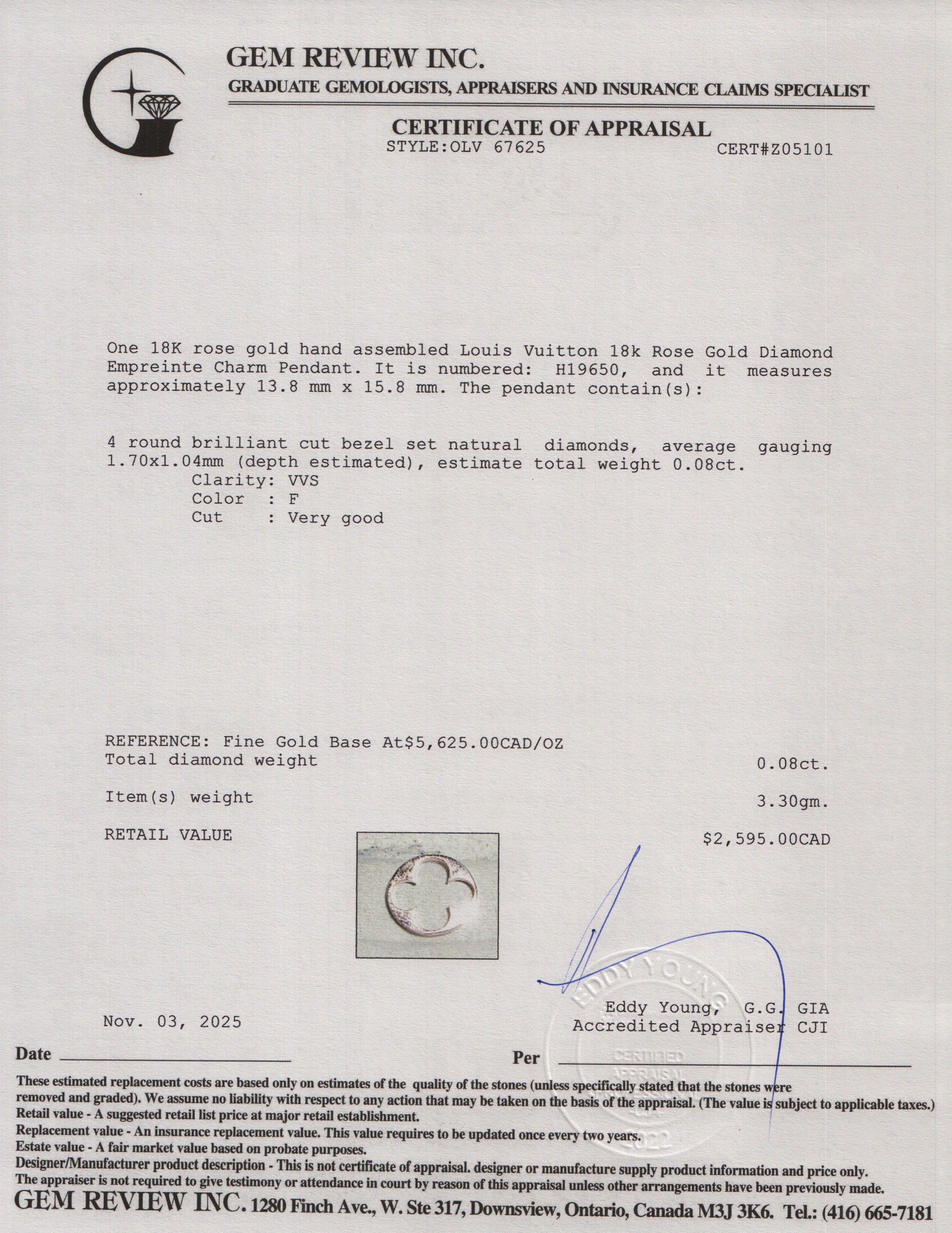 Louis Vuitton 18k Rose Gold Diamond Empreinte Charm Pendant