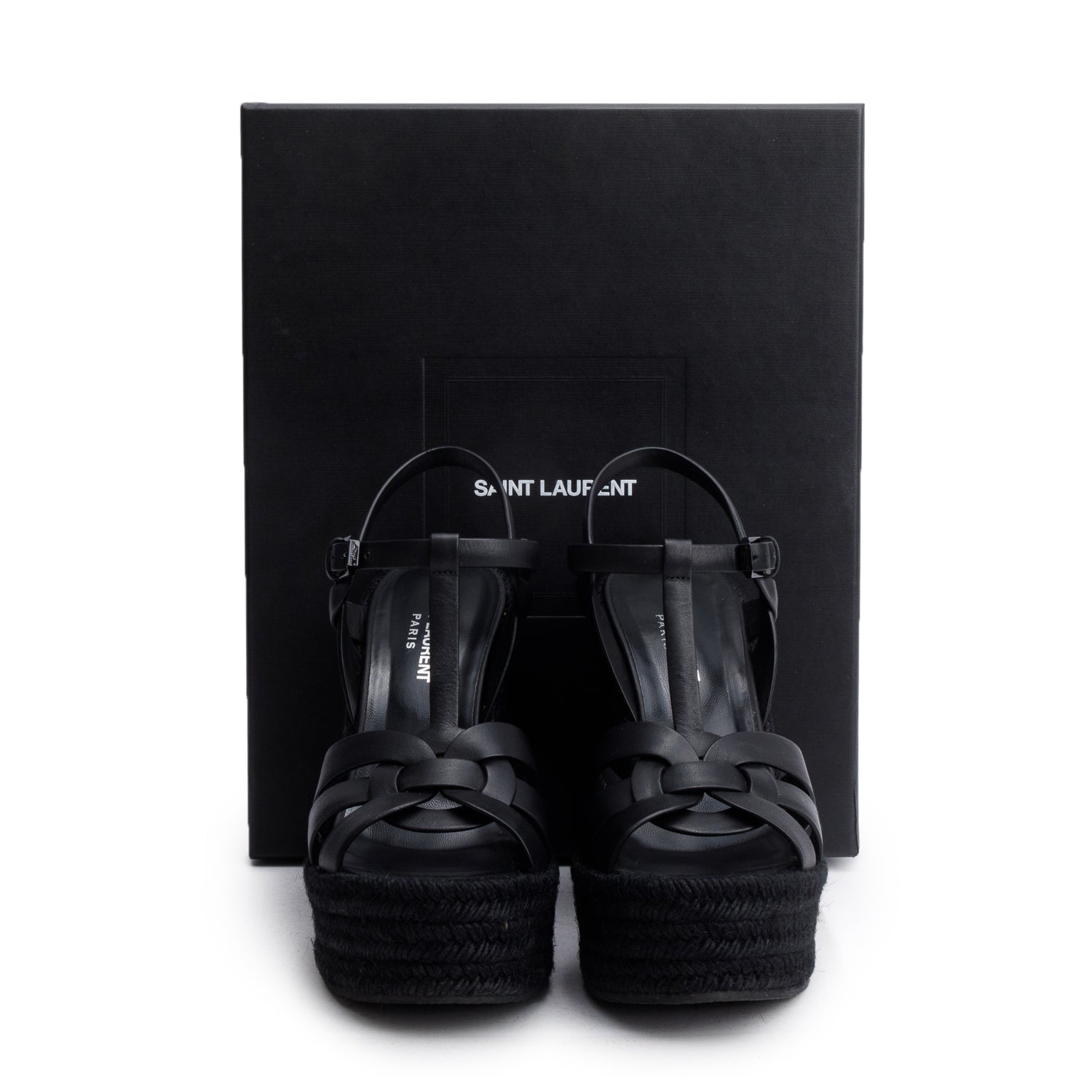 Saint Laurent Black Leather Tribute Espadrilles Wedge Sandals, Size 38 w/ Box
