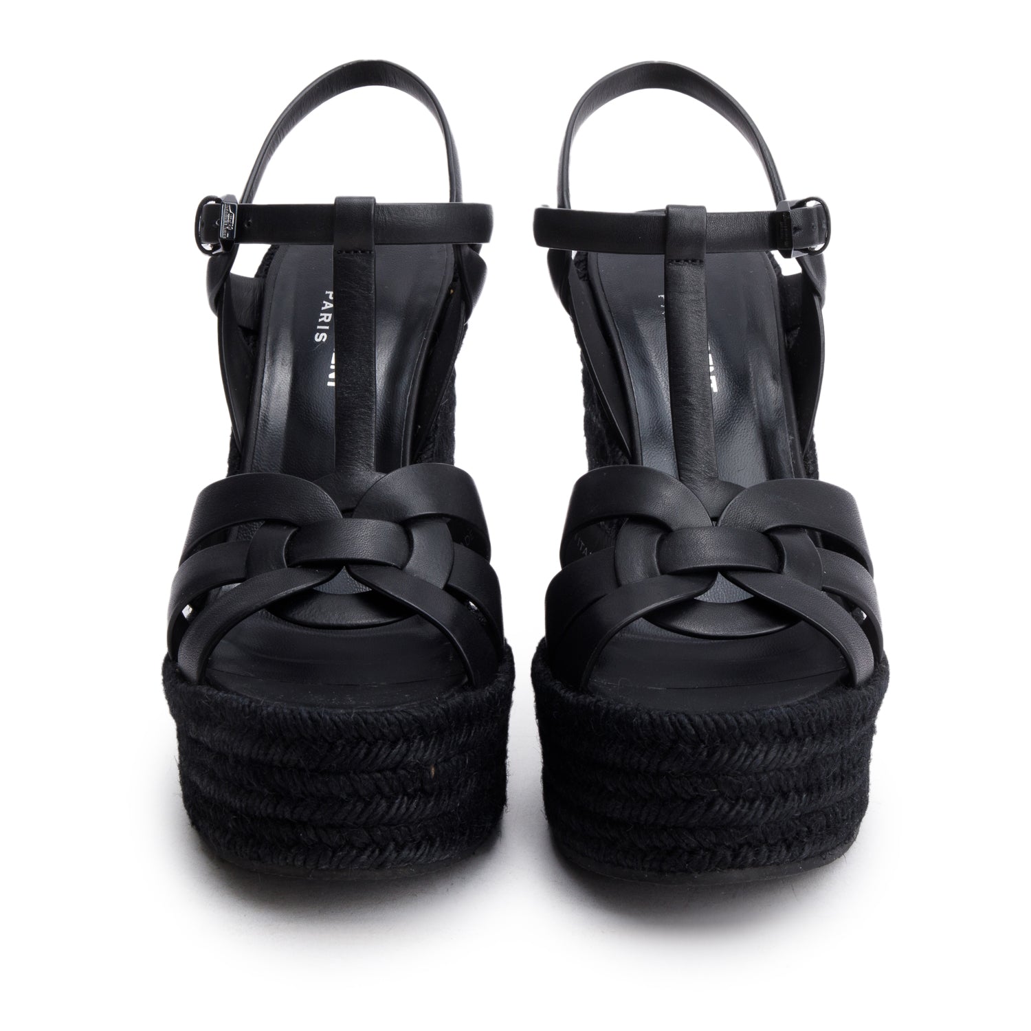 Saint Laurent Black Leather Tribute Espadrilles Wedge Sandals, Size 38 w/ Box