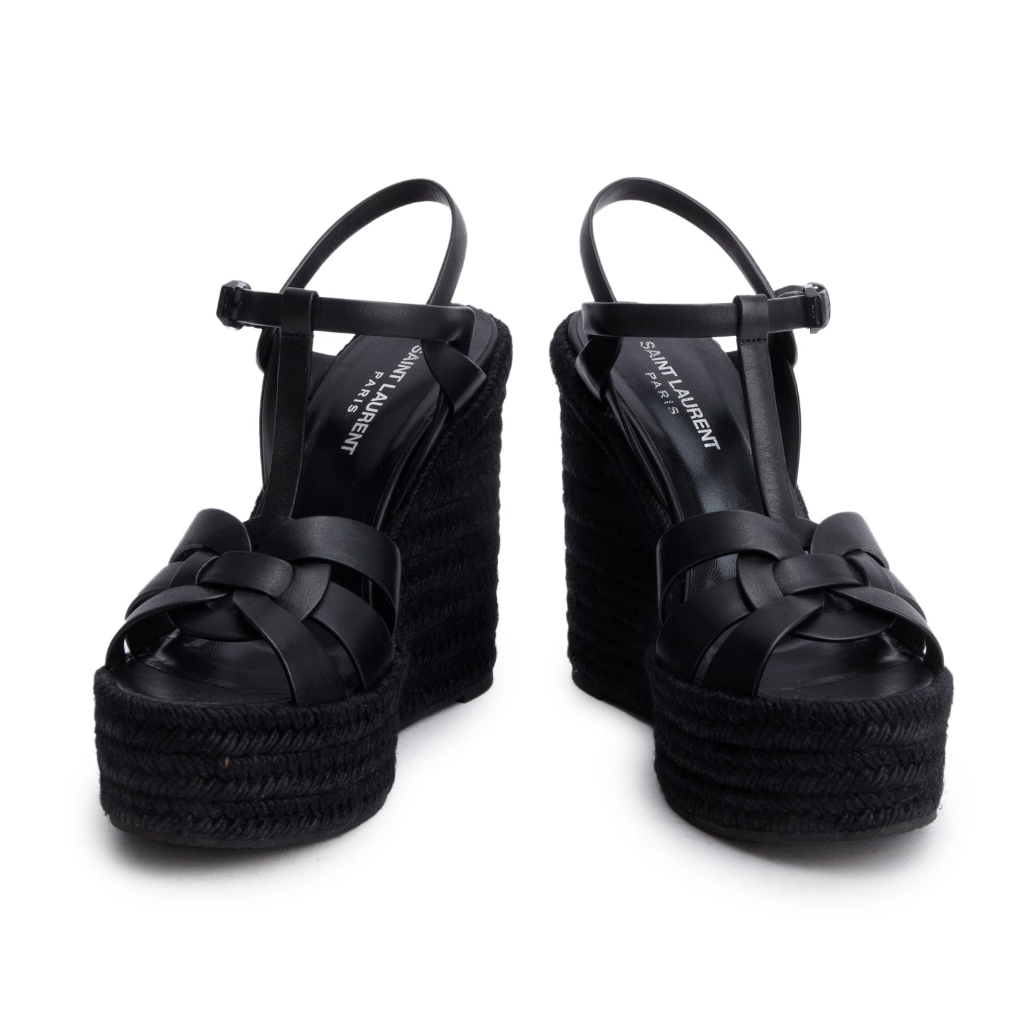 Saint Laurent Black Leather Tribute Espadrilles Wedge Sandals, Size 38 w/ Box