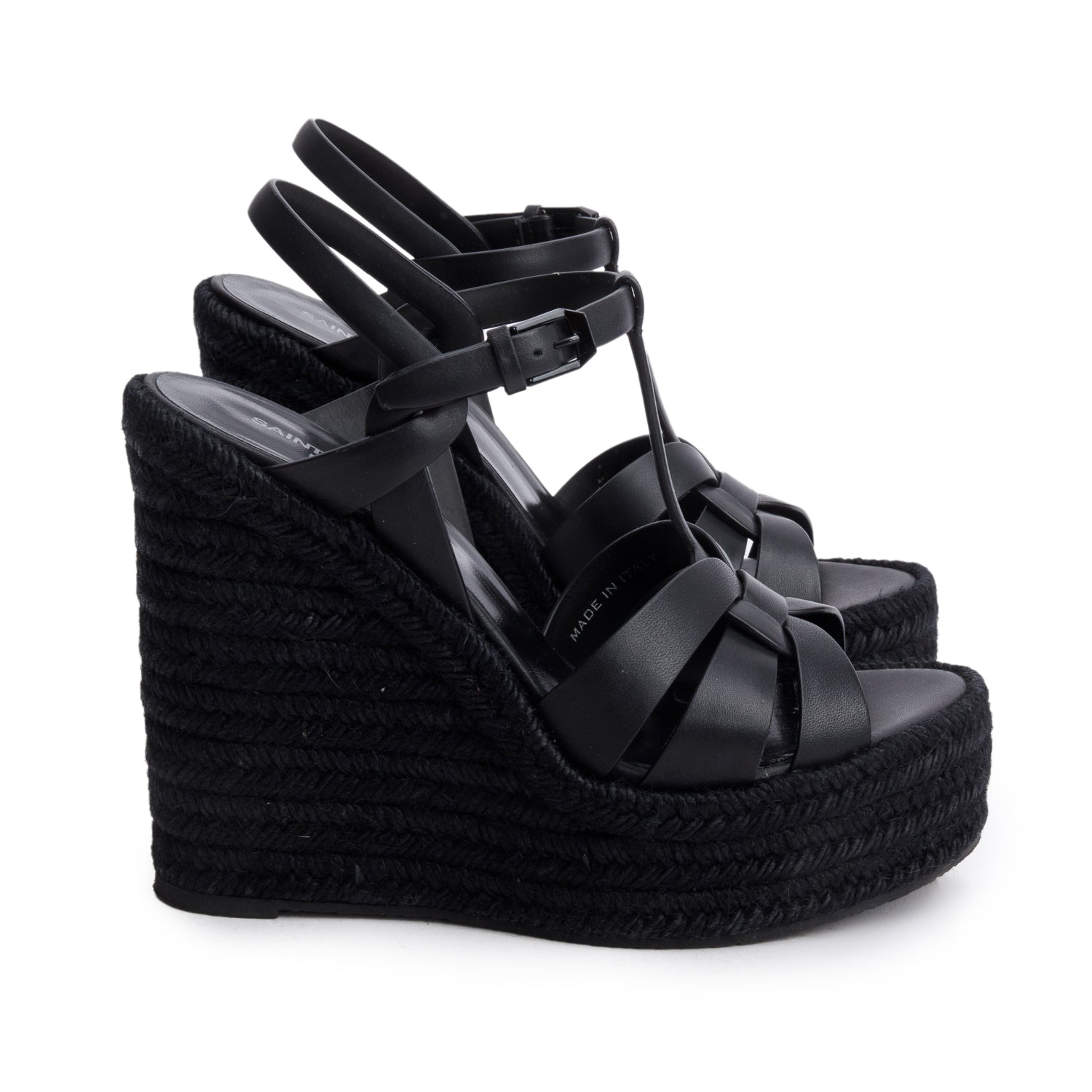 Saint Laurent Black Leather Tribute Espadrilles Wedge Sandals, Size 38 w/ Box