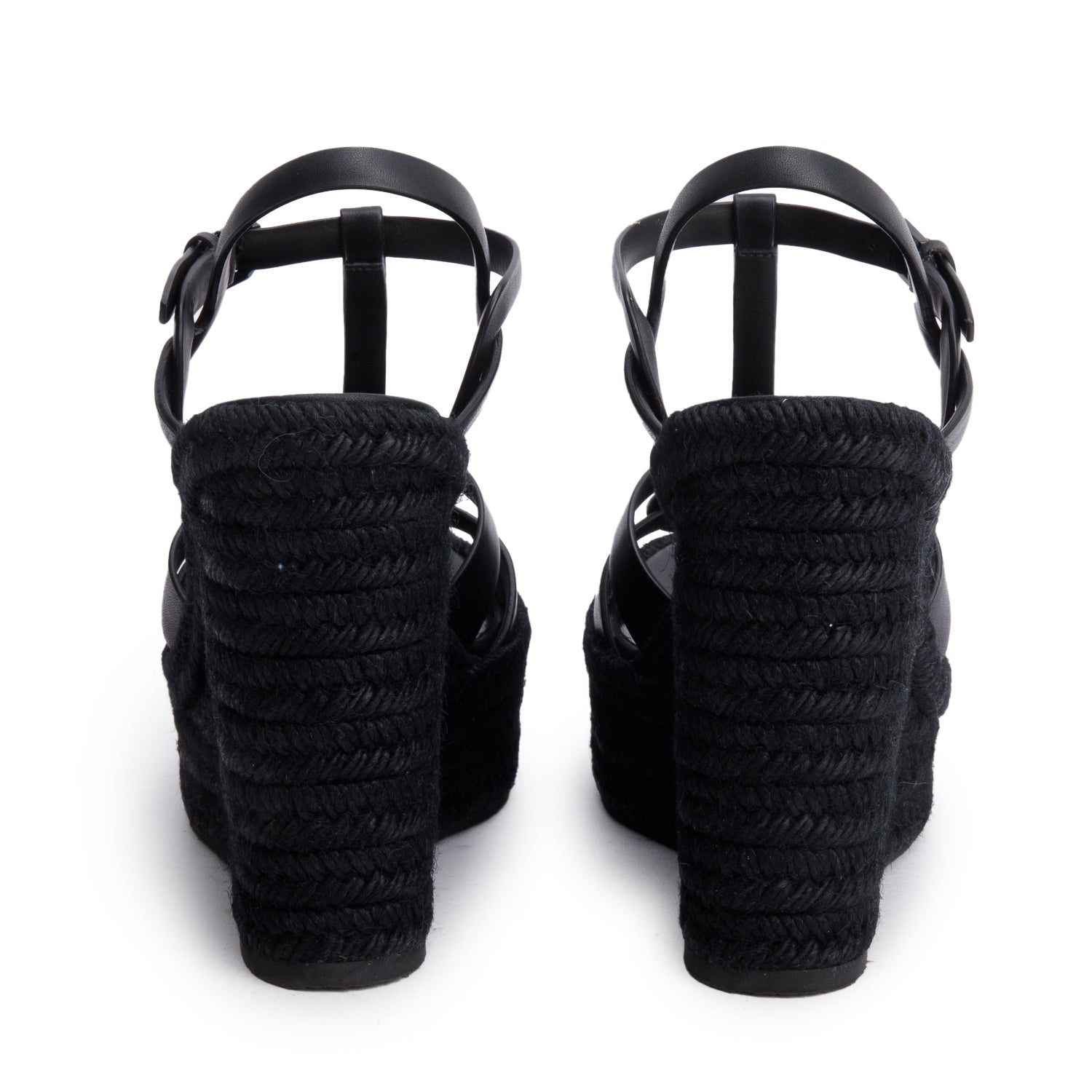 Saint Laurent Black Leather Tribute Espadrilles Wedge Sandals, Size 38 w/ Box