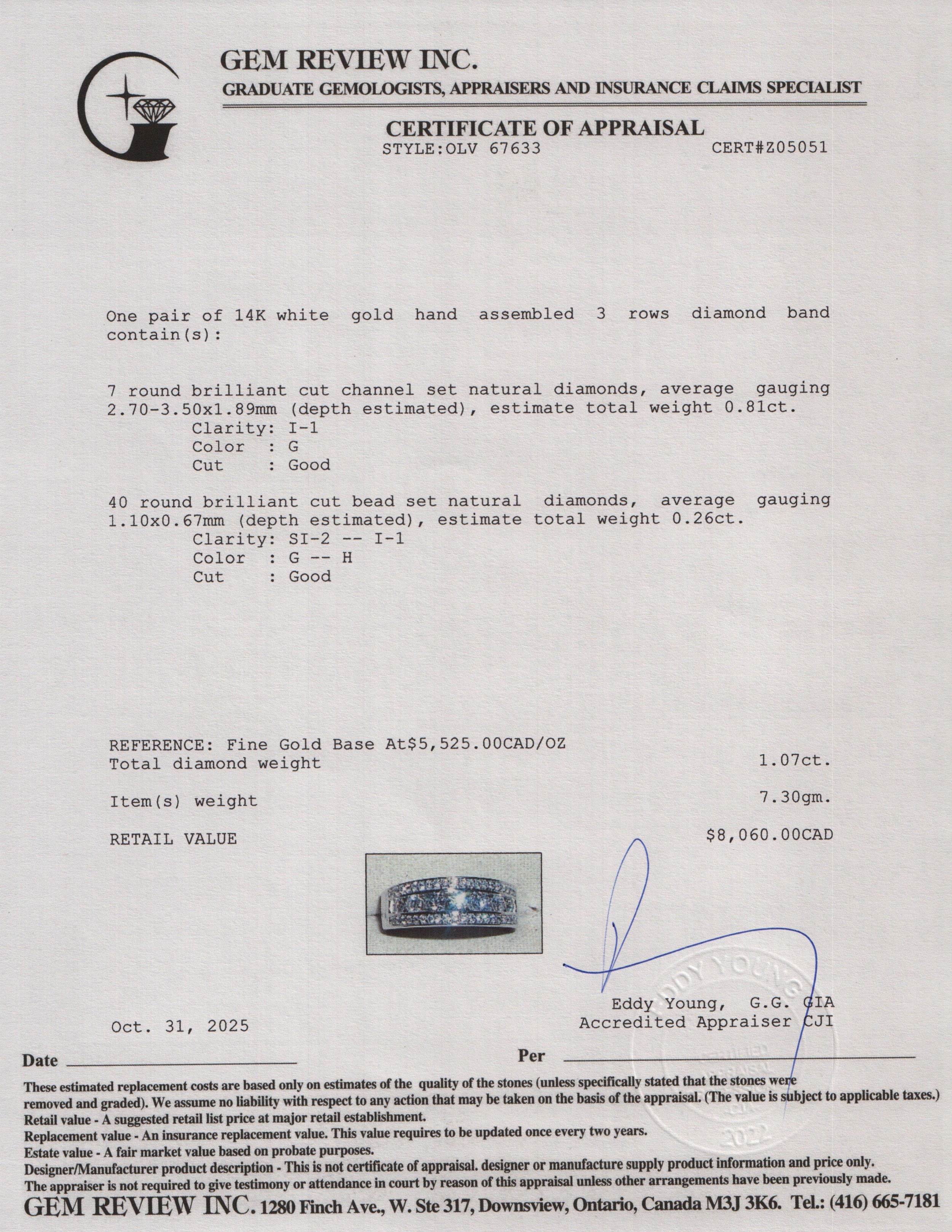 14k White Gold Three-Row Diamond Band Ring, Size 7