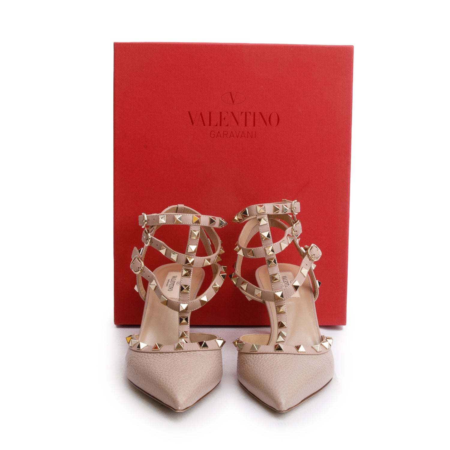 Valentino Bige Leather Rockstud Ankle Strap Pumps, Size 41 w/ Box
