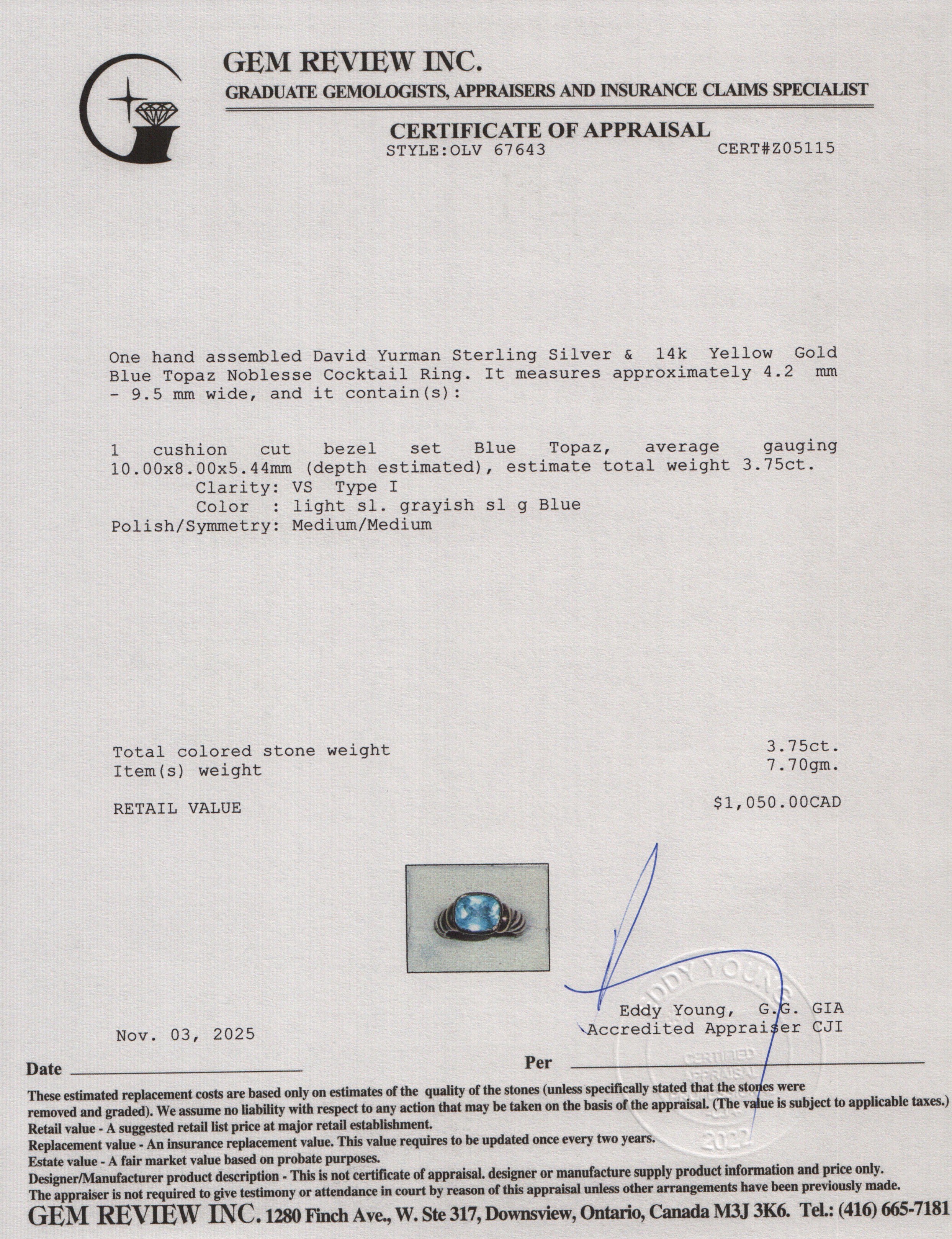 David Yurman Sterling Silver & 14k Yellow Gold Blue Topaz Noblesse Cocktail Ring, Size 6