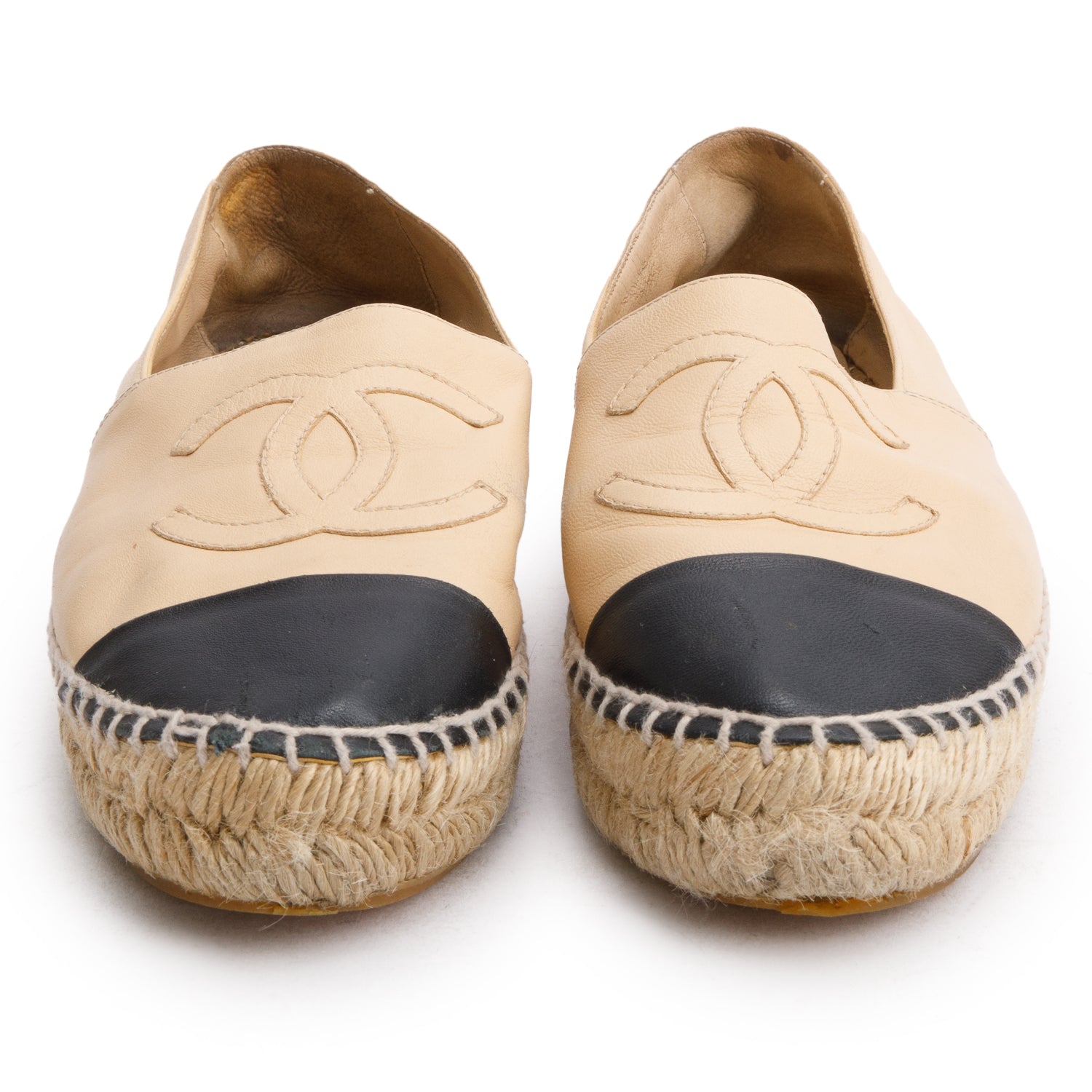 Chanel Neutral & Black Leather CC Logo Espadrilles, Size 37