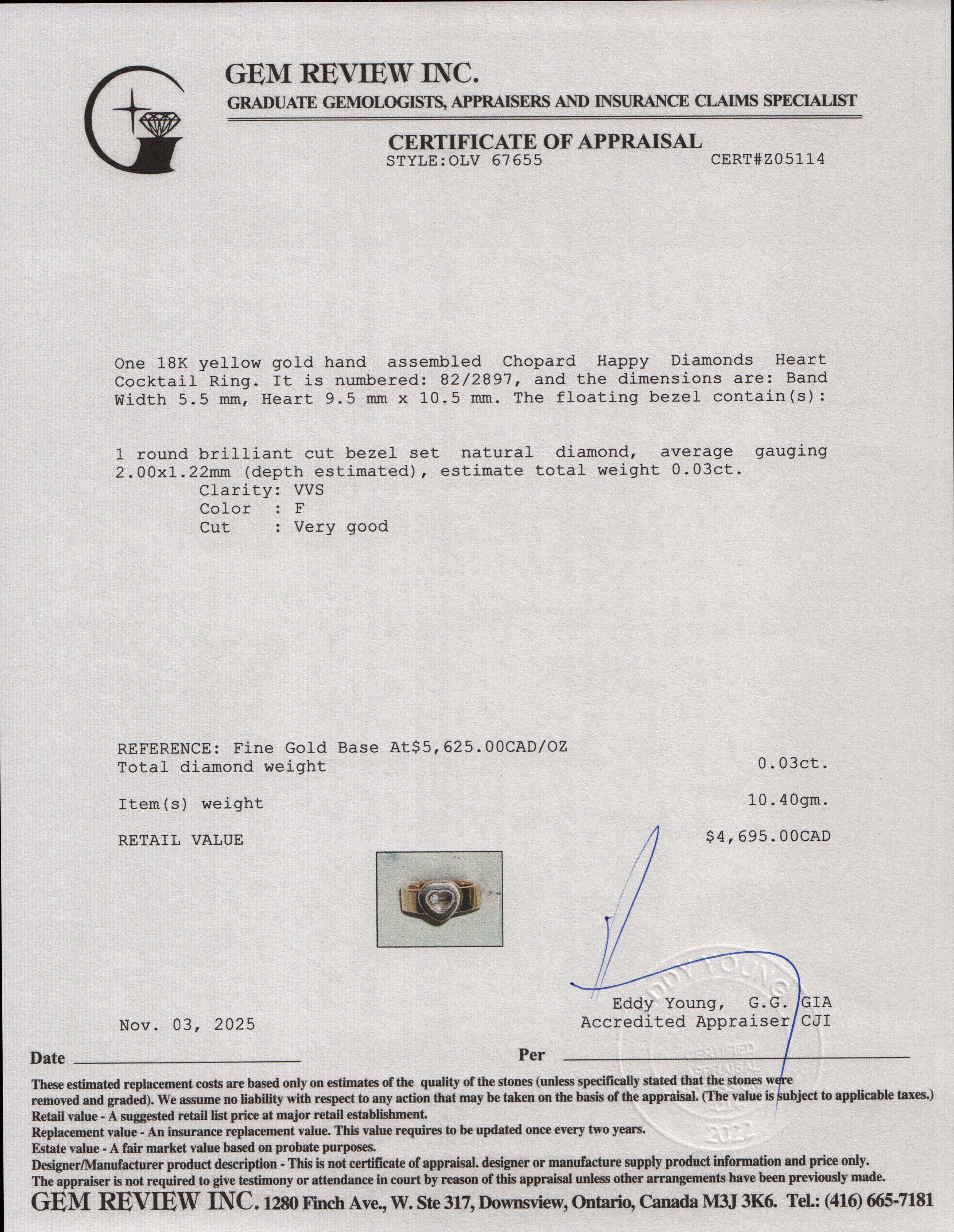 Chopard 18k Yellow Gold Happy Diamonds Heart Cocktail Ring, Size 4.75