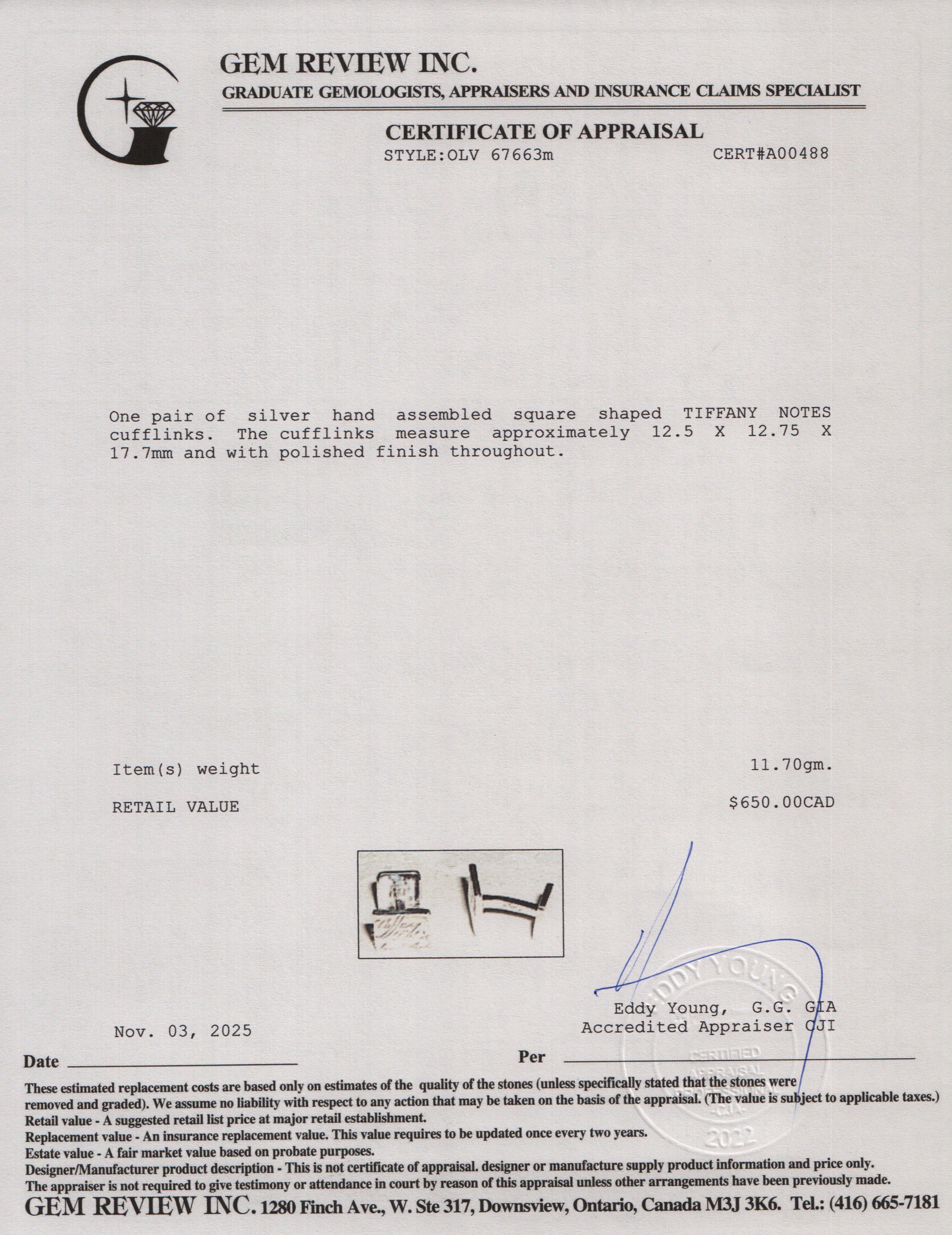 Tiffany & Co. Sterling Silver Notes Cufflinks