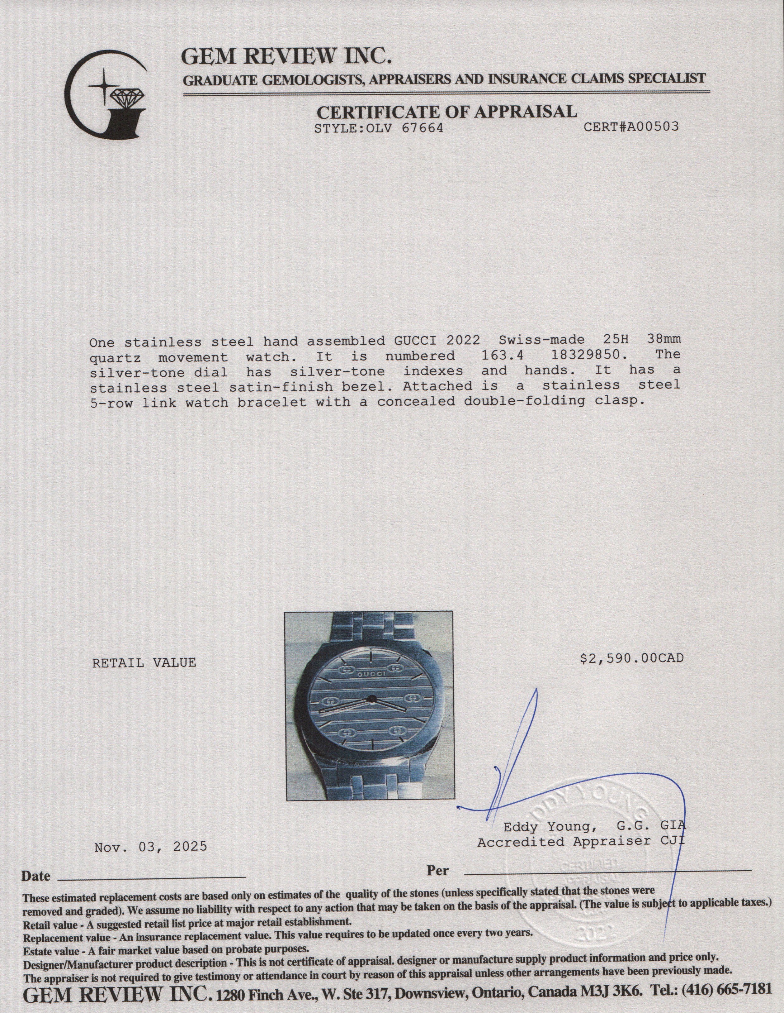 Gucci 2022 Stainless Steel 25H 38 MM Quartz Watch w/ Box & Receipt