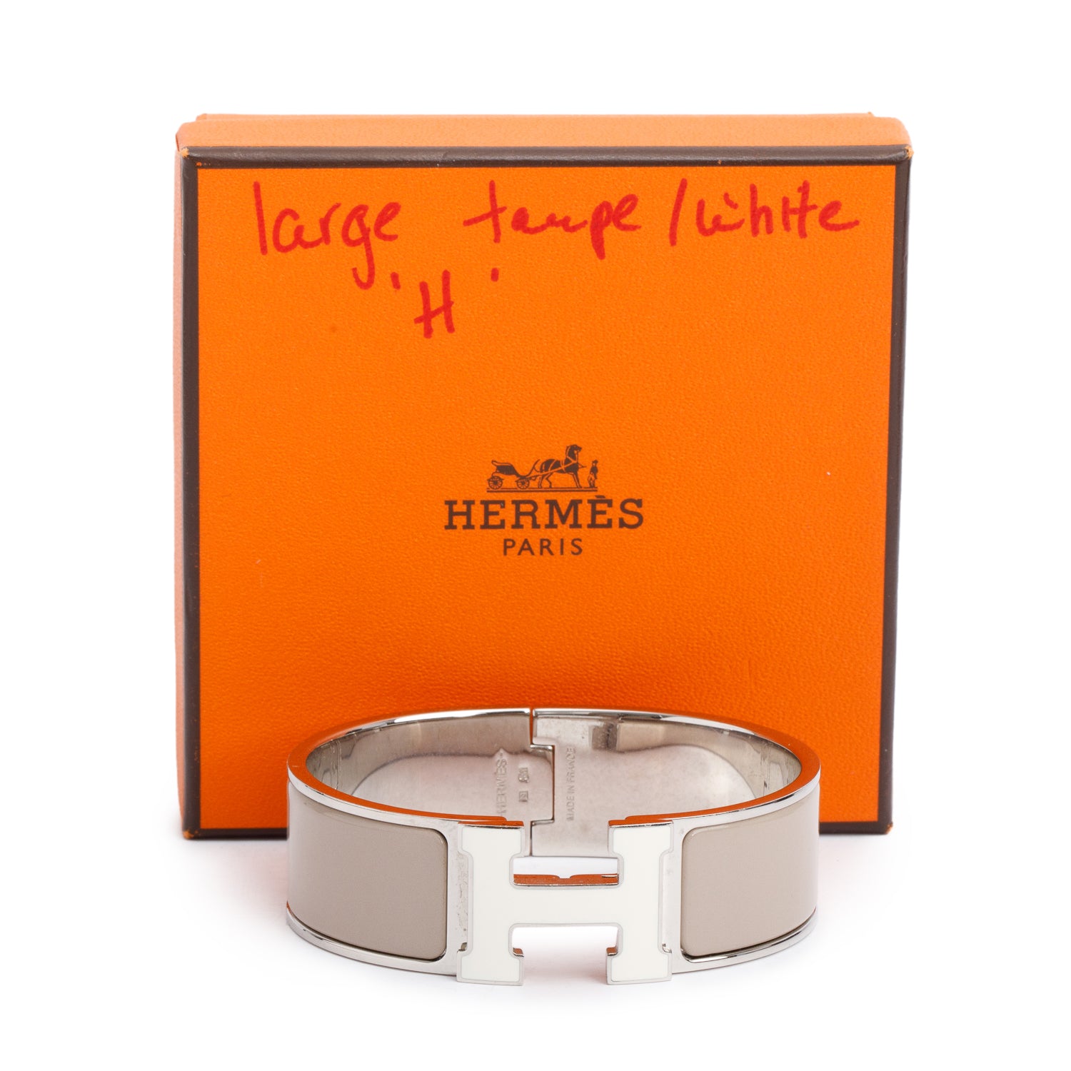Hermes Palladium-Plated Taupe/White Enamel Clic Clac H Bracelet w/ Box