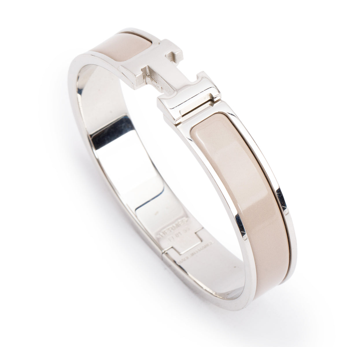 Hermes Palladium Plated Taupe Enamel 12 MM Clic H Bracelet w/ Box