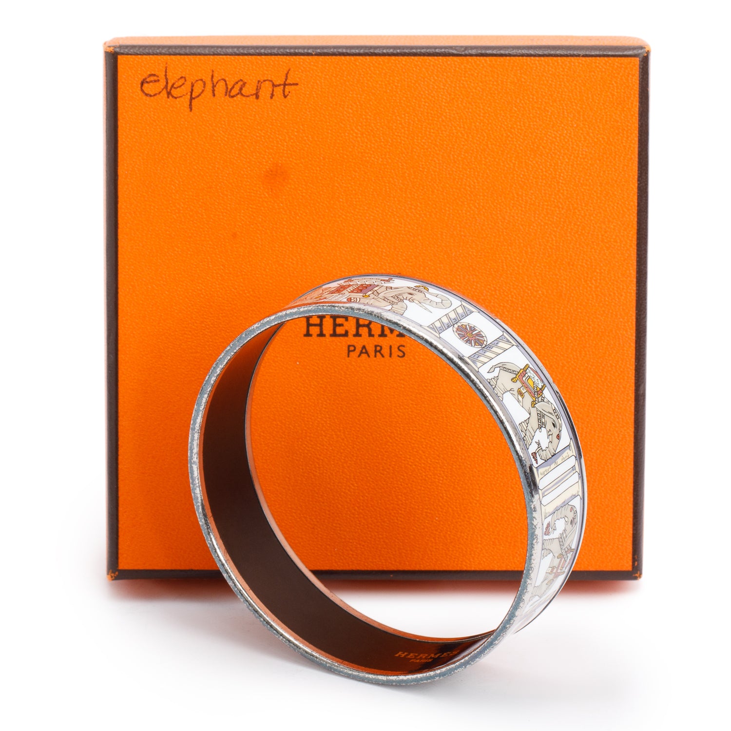 Hermes Palladium-Plated 'Torana' Print Enamel Wide Bracelet w/ Box