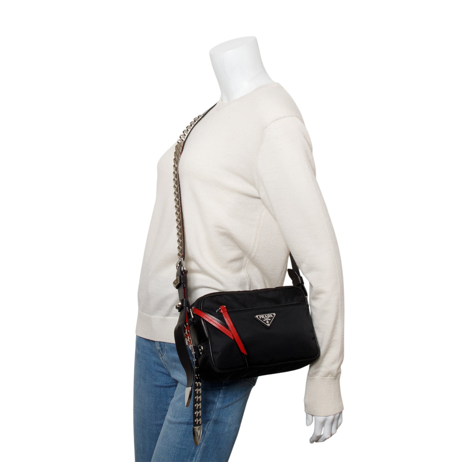 Prada Black Tessuto Nylon Studded New Vela Shoulder Bag