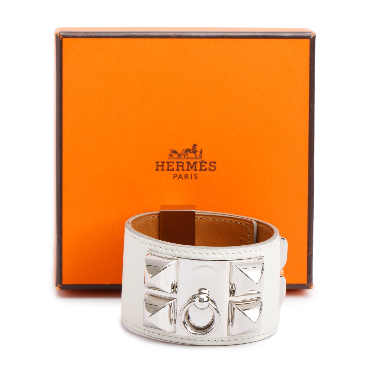Hermes Palladium-Plated White Box Calfskin Leather Collier de Chien Bracelet, Size T2 w/ Box
