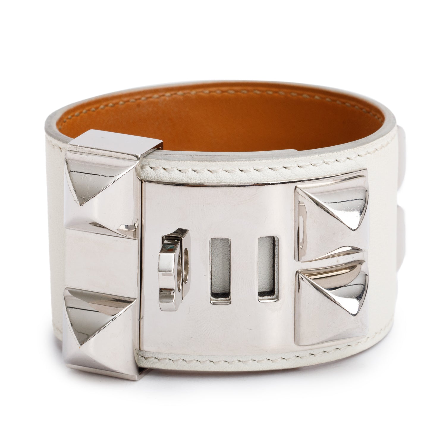 Hermes Palladium-Plated White Box Calfskin Leather Collier de Chien Bracelet, Size T2 w/ Box