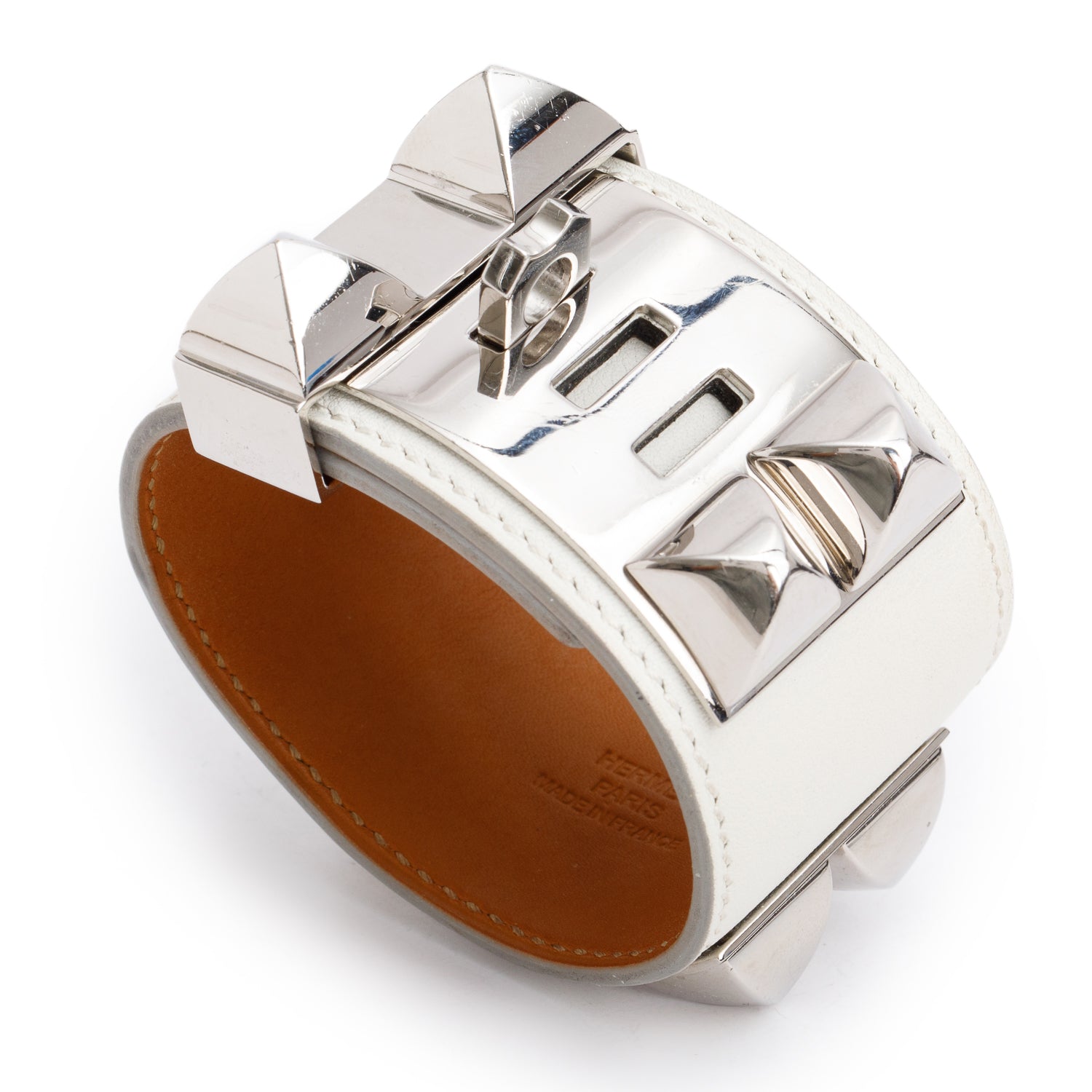 Hermes Palladium-Plated White Box Calfskin Leather Collier de Chien Bracelet, Size T2 w/ Box