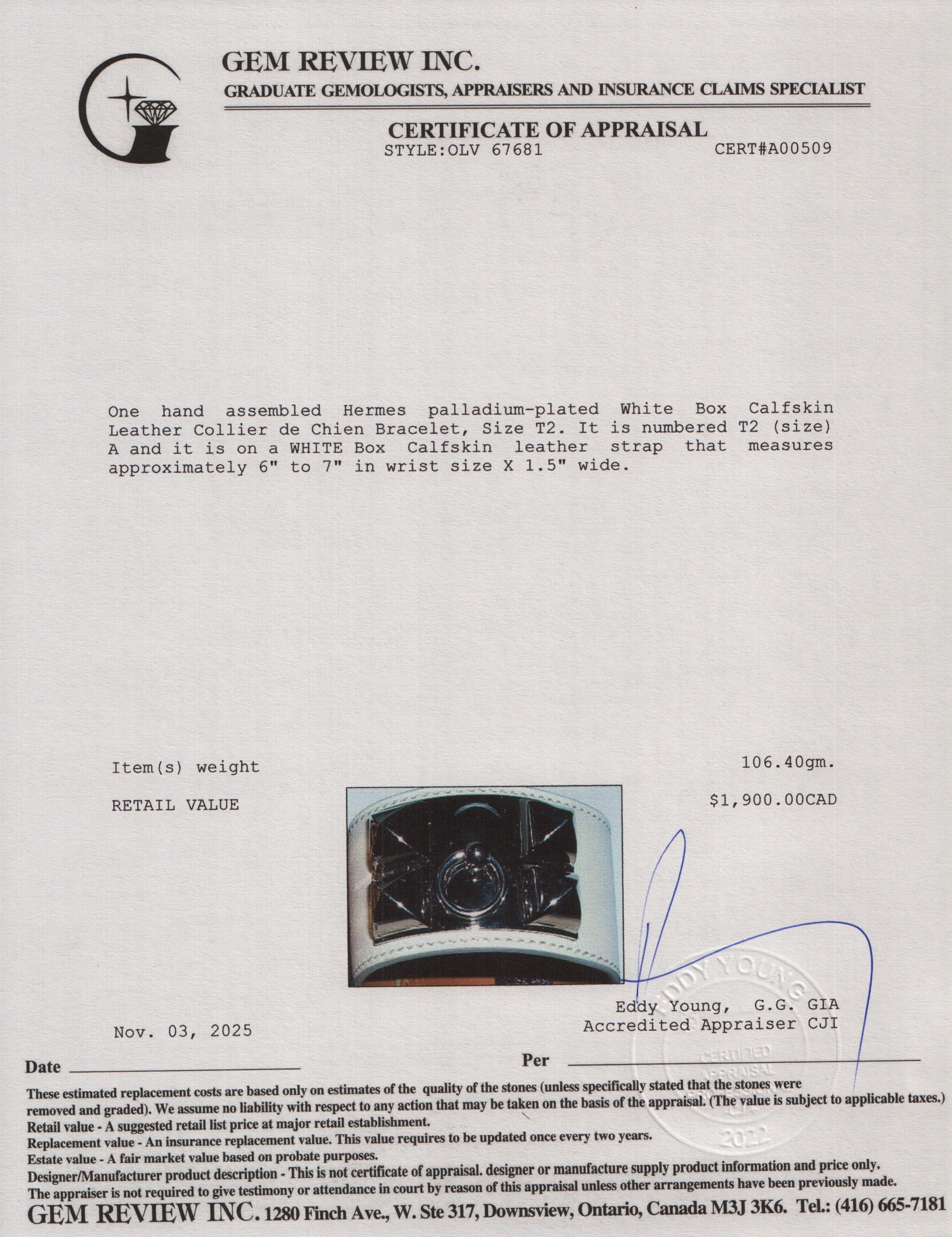 Hermes Palladium-Plated White Box Calfskin Leather Collier de Chien Bracelet, Size T2 w/ Box