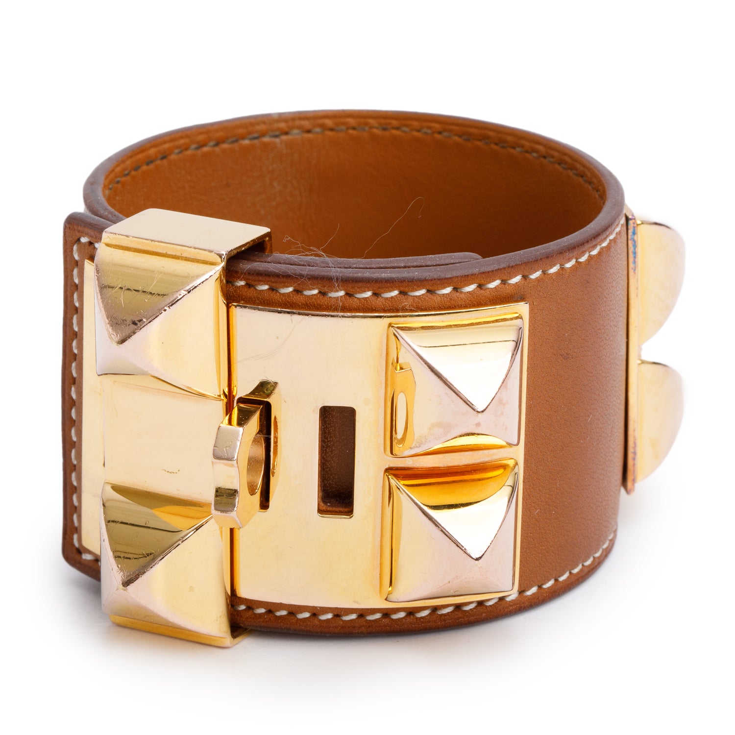 Hermes Gold-Plated Gold Box Calfskin Leather Collier de Chien Bracelet, Size S w/ Box