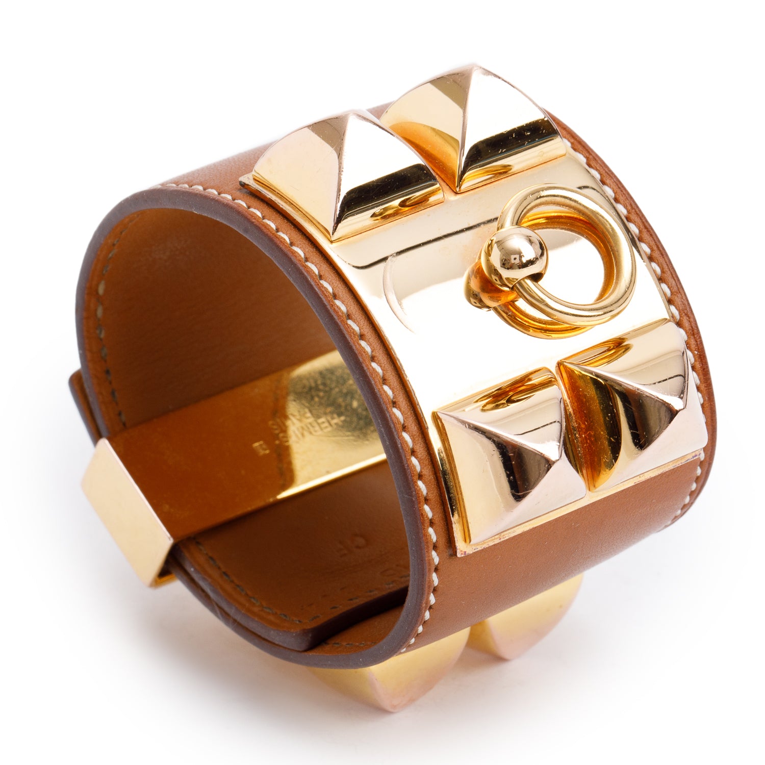 Hermes Gold-Plated Gold Box Calfskin Leather Collier de Chien Bracelet, Size S w/ Box