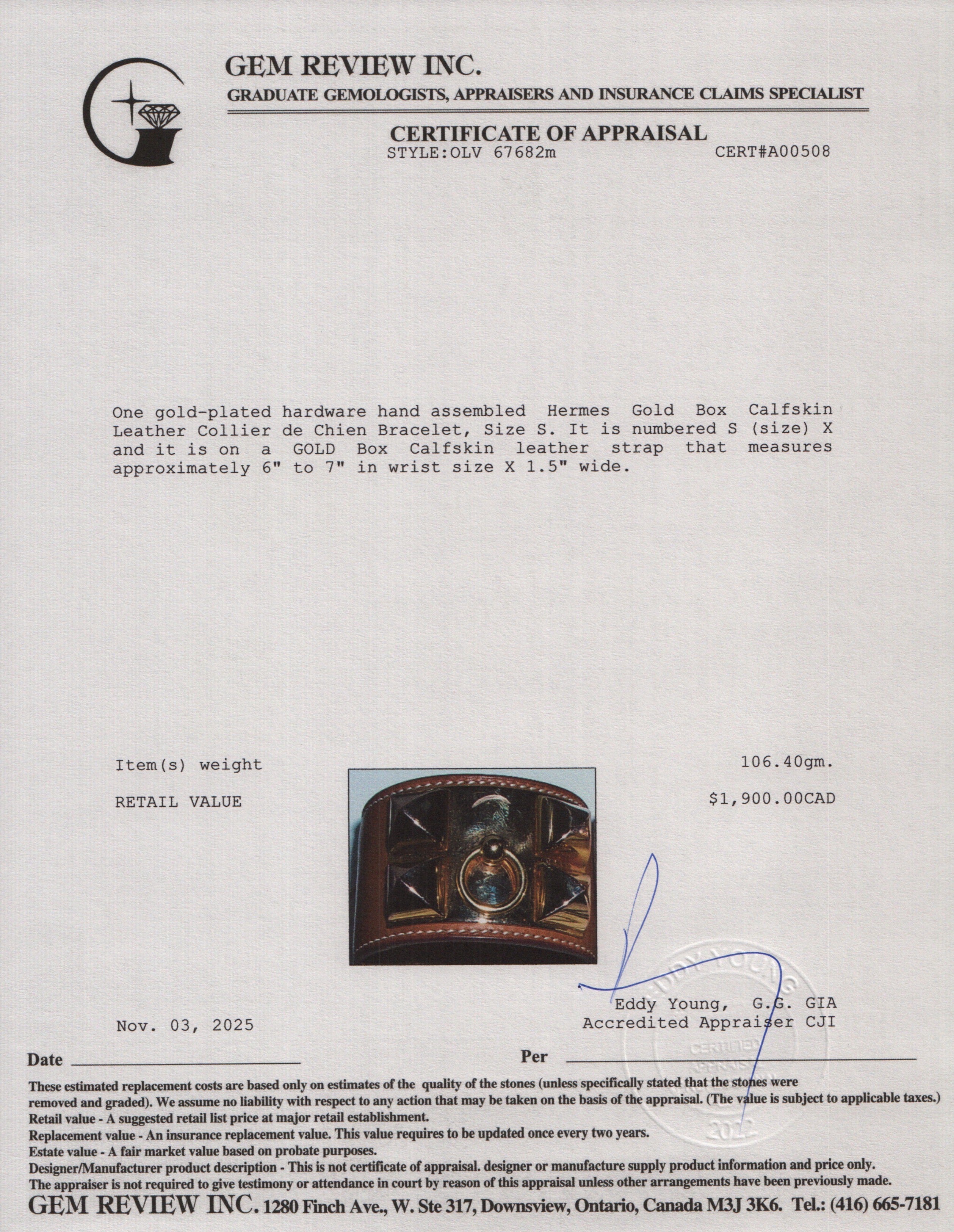 Hermes Gold-Plated Gold Box Calfskin Leather Collier de Chien Bracelet, Size S w/ Box