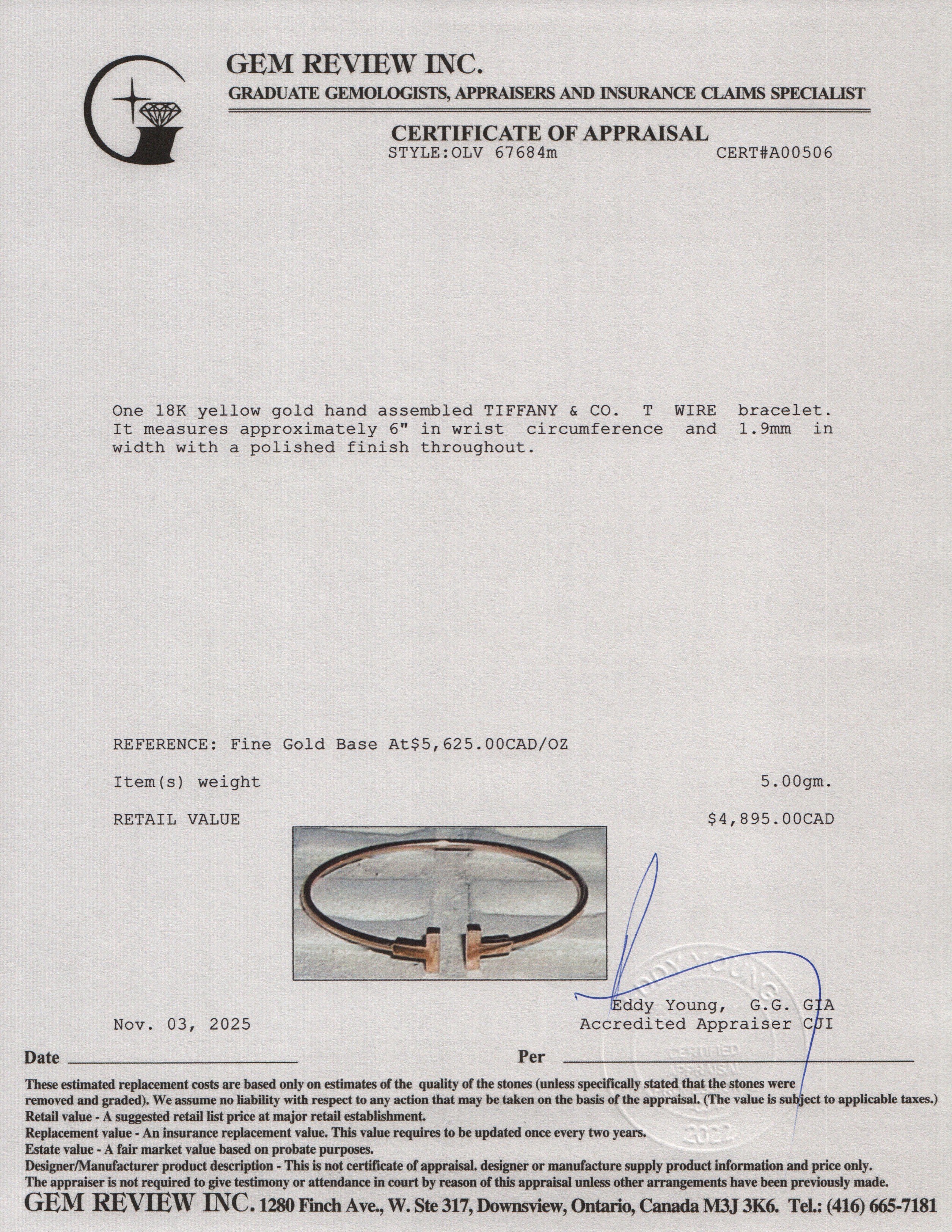 Tiffany & Co. 18k Rose Gold T Wire Narrow Bracelet w/ Box