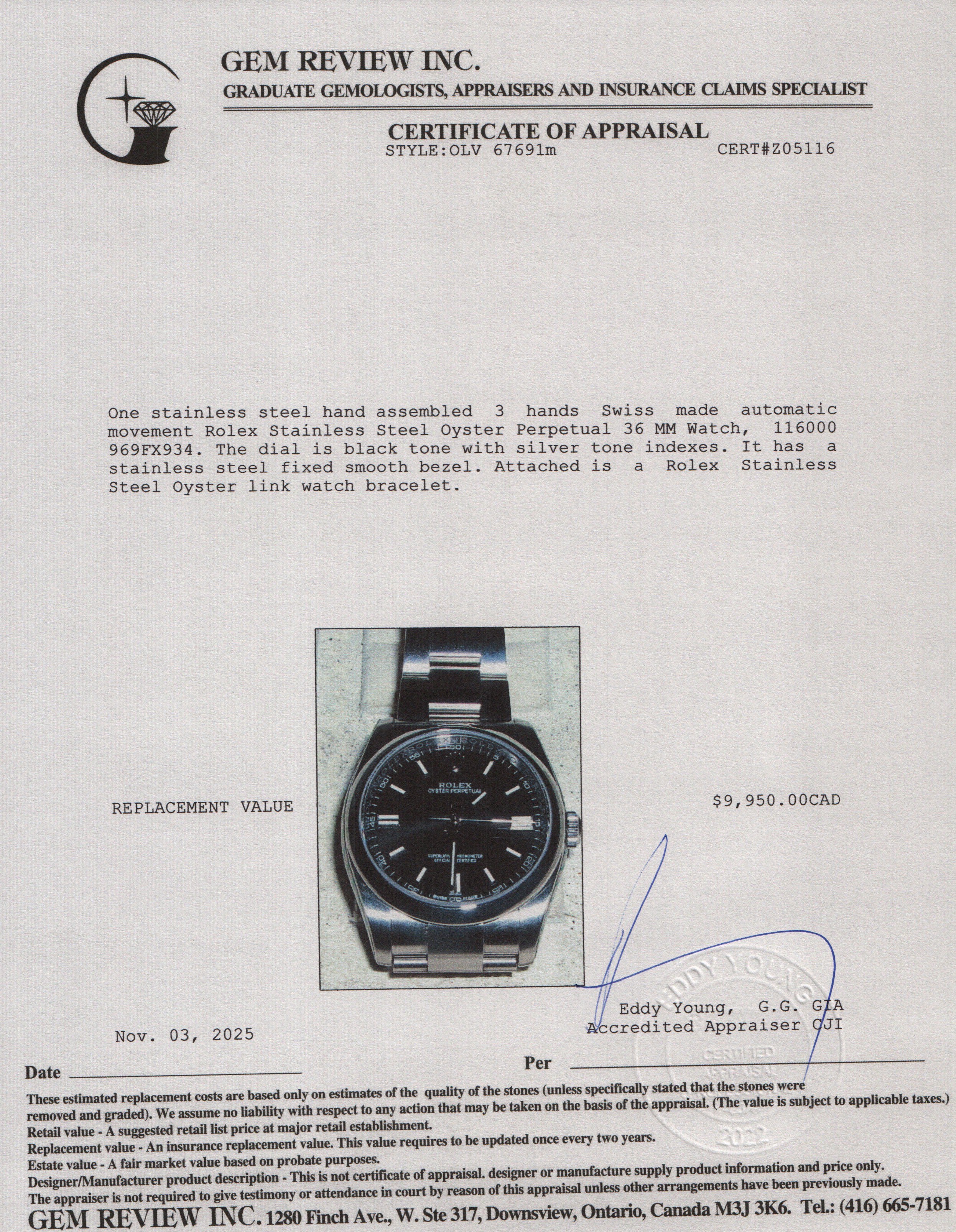 Rolex Stainless Steel Oyster Perpetual 36 MM Watch Black Dial 116000 w/ Box & Papers