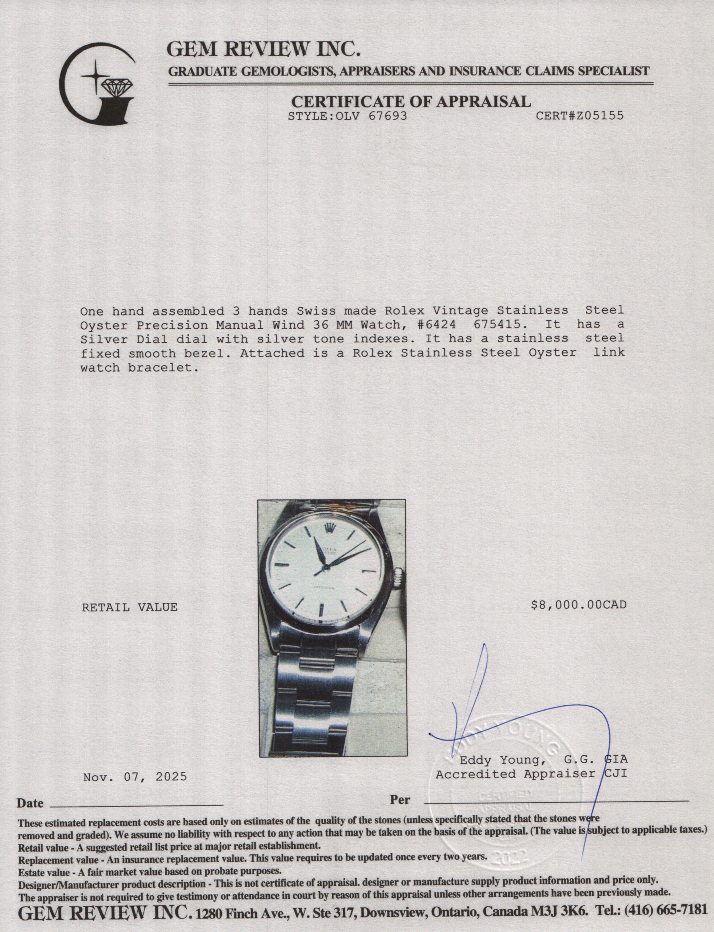 Rolex Vintage Stainless Steel Oyster Precision Manual 36 MM Watch Silver Dial 6424 w/ Box