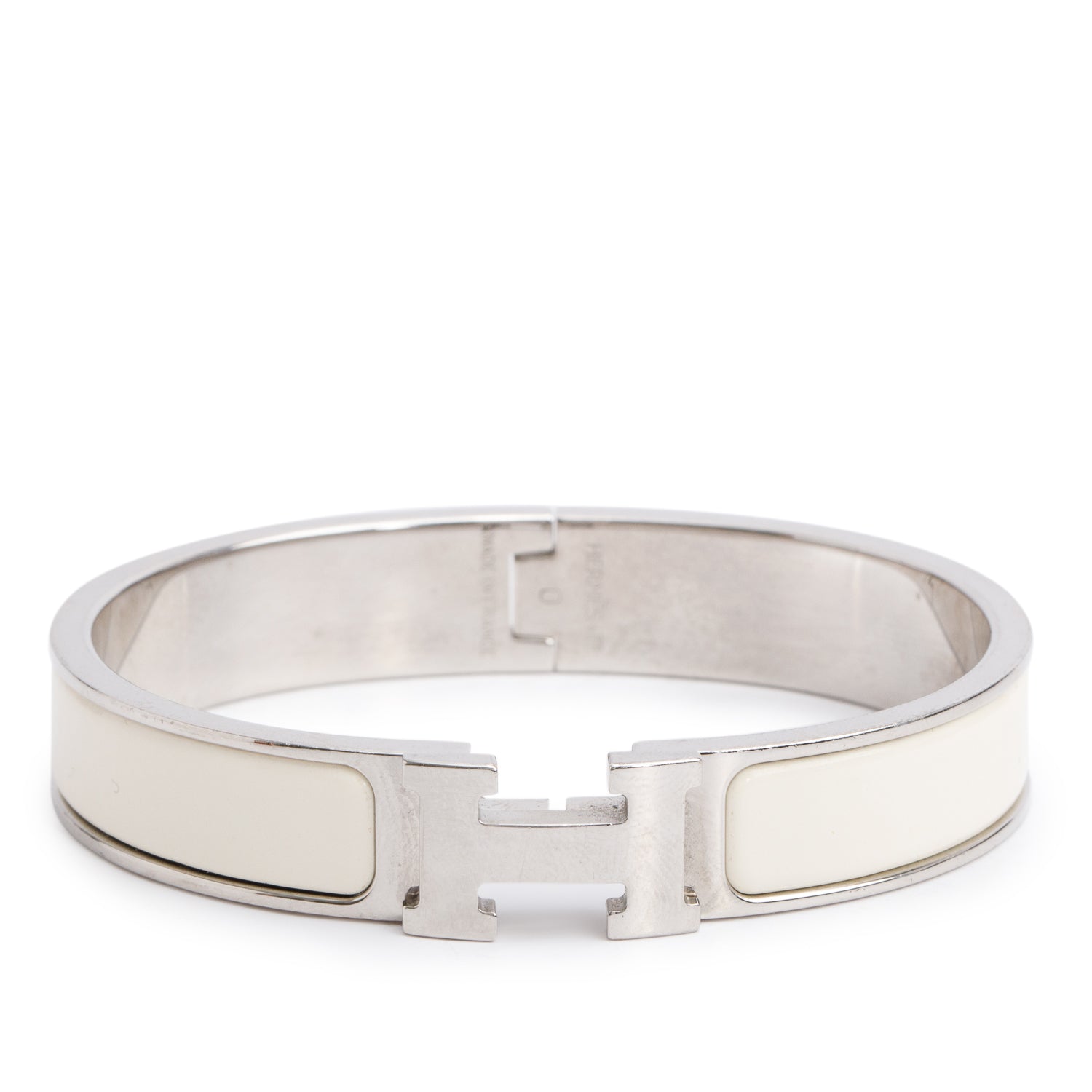 Hermes Palladium Plated White Enamel 12 MM Clic H Bracelet w/ Box
