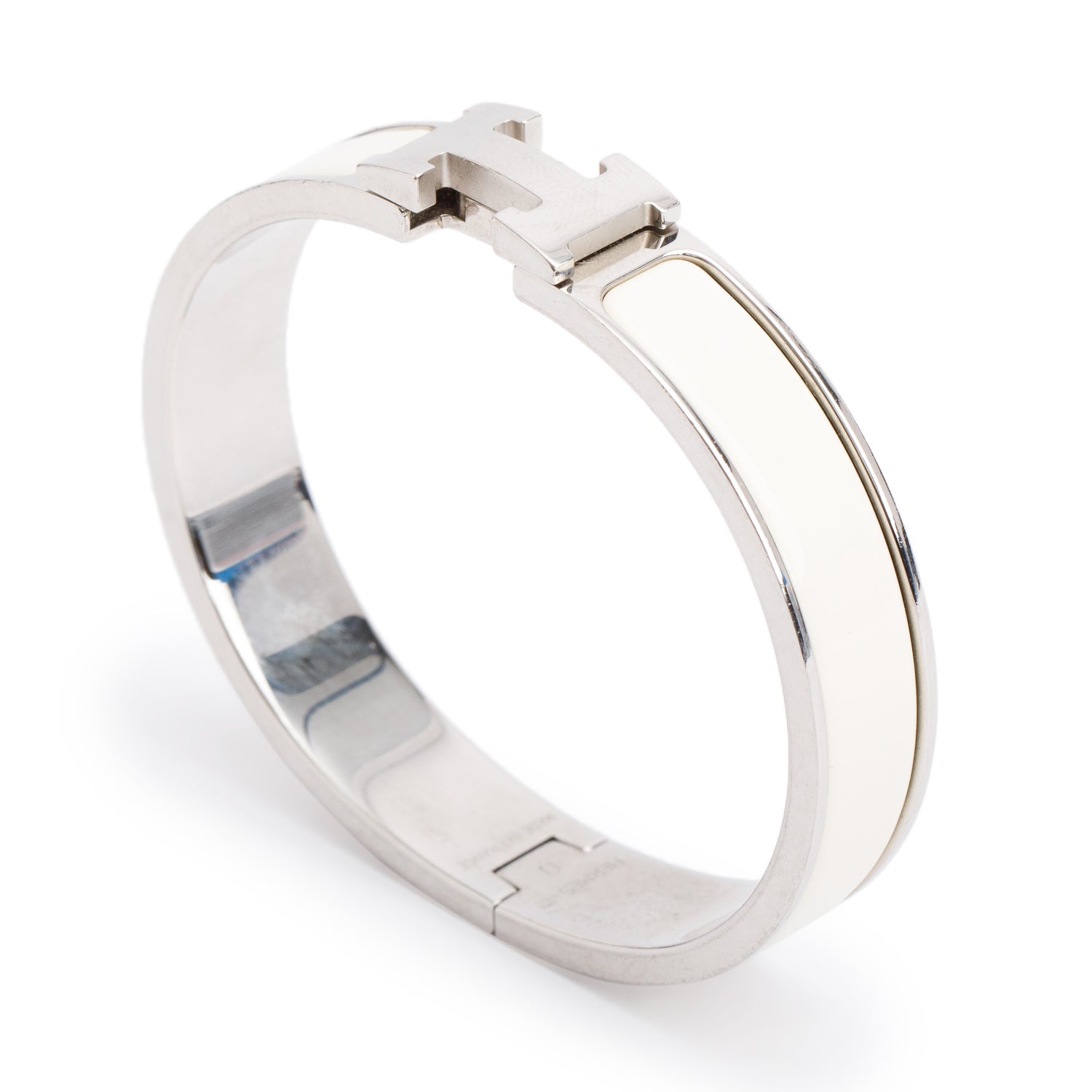 Hermes Palladium Plated White Enamel 12 MM Clic H Bracelet w/ Box