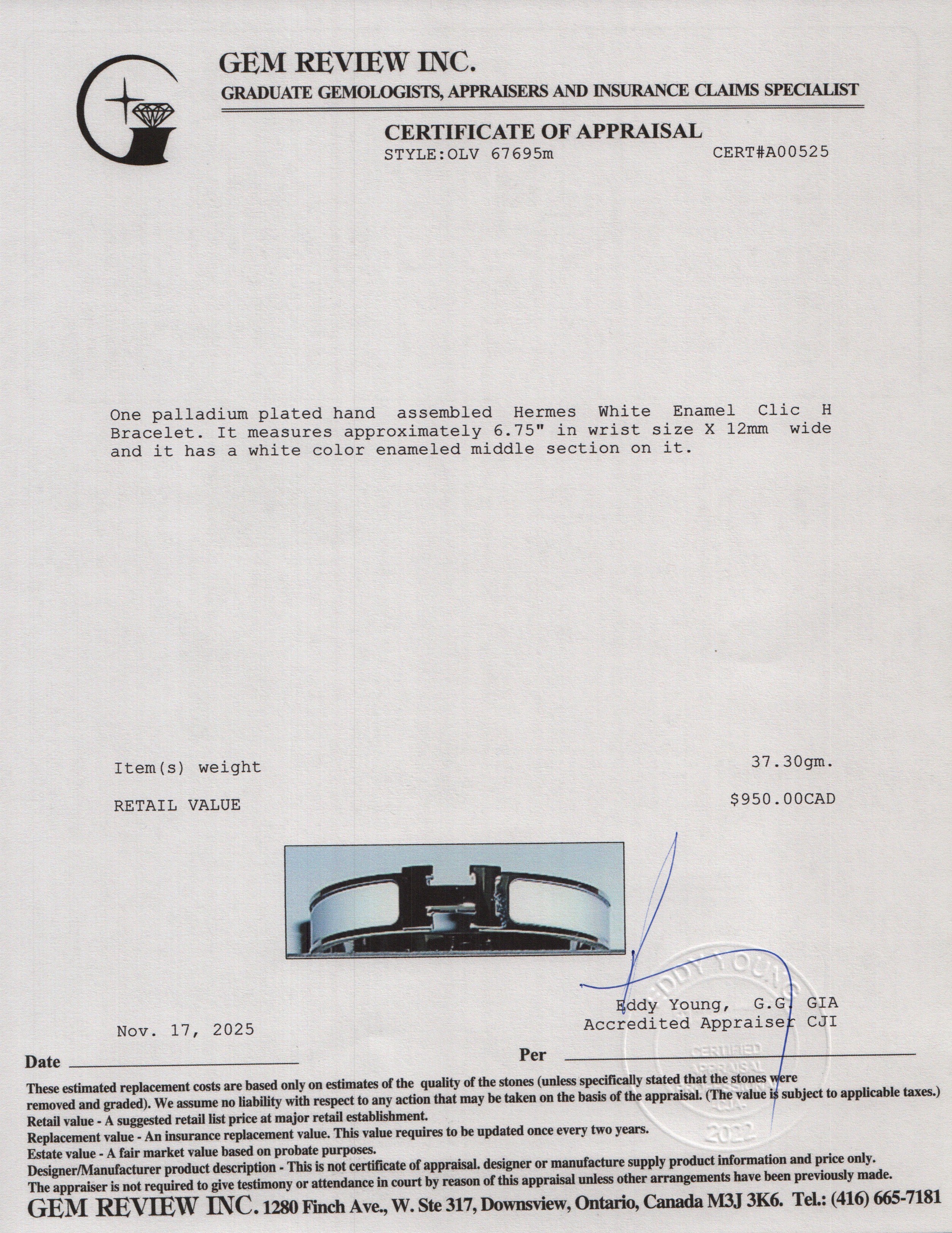 Hermes Palladium Plated White Enamel 12 MM Clic H Bracelet w/ Box