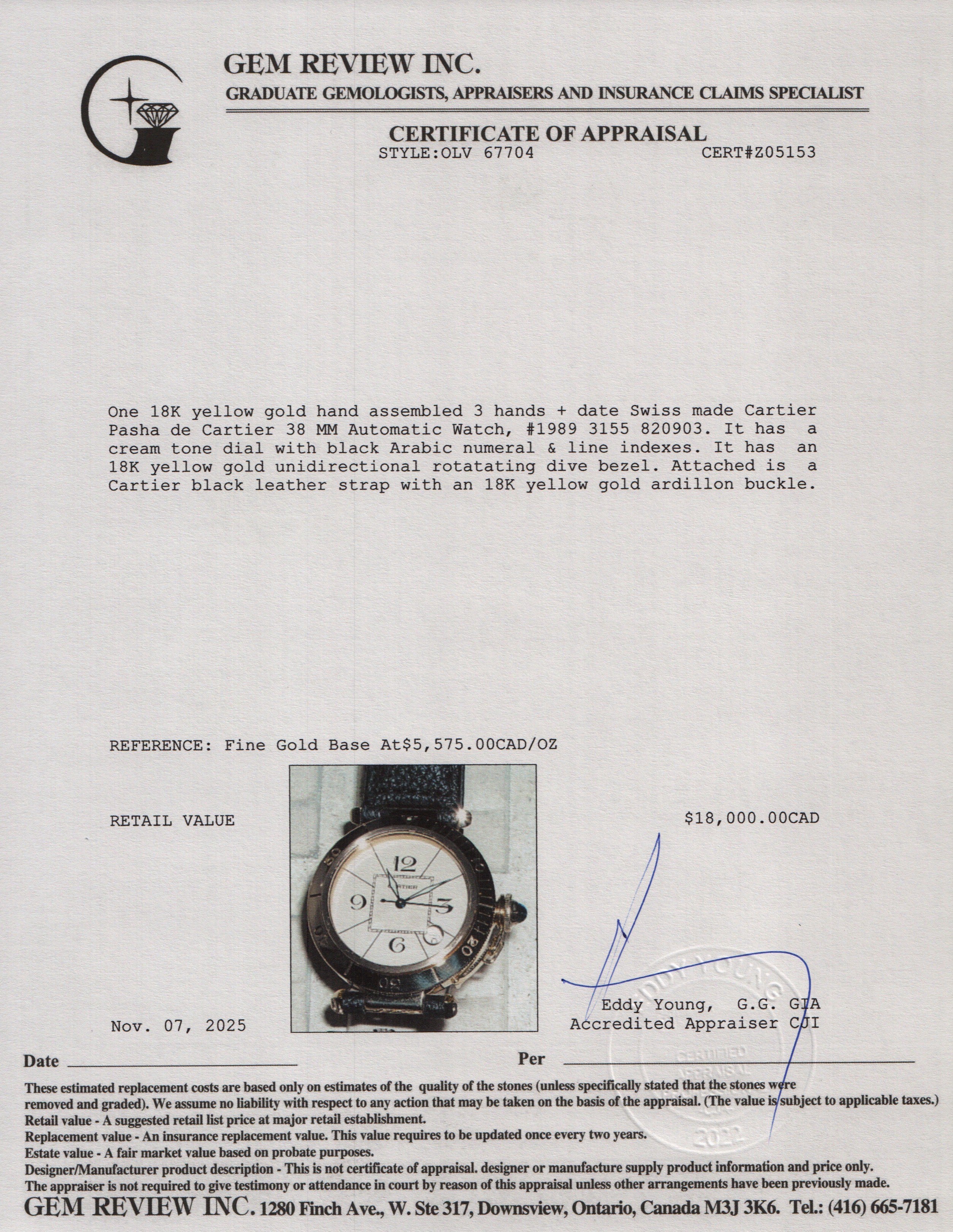 Cartier 18k Yellow Gold Pasha de Cartier 38 MM Automatic Watch 1989