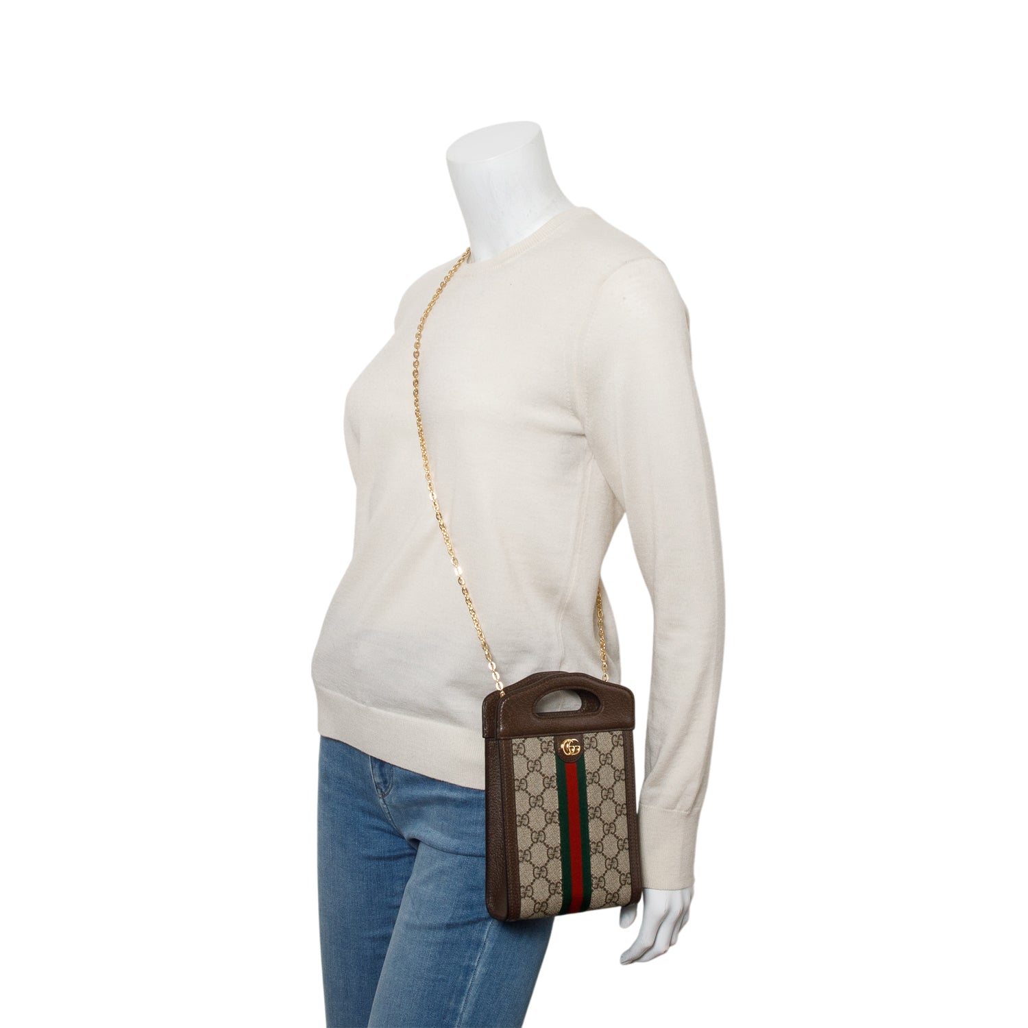 Gucci GG Supreme Monogram Textured Dollar Calfskin Mini Ophidia Top Handle w/ Chain Strap