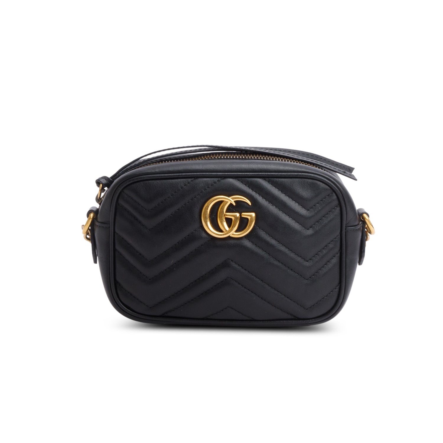 Gucci Black Calfskin Matelasse Mini GG Marmont Chain Shoulder Bag