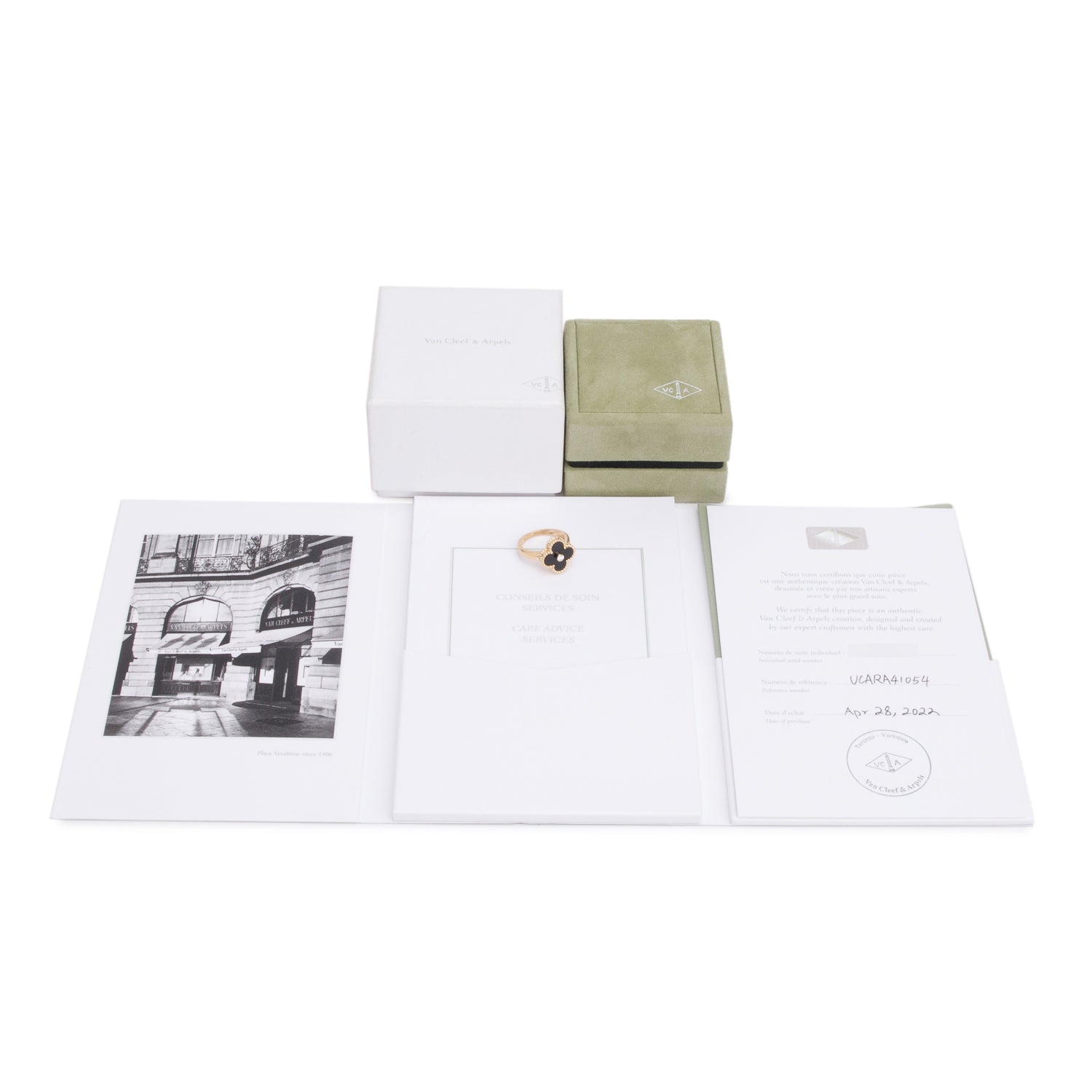 Van Cleef & Arpels 2022 18k Yellow Gold Onyx & Diamond Vintage Alhambra Ring, Size 54 6.75 w/ Box, Certificate & Receipt