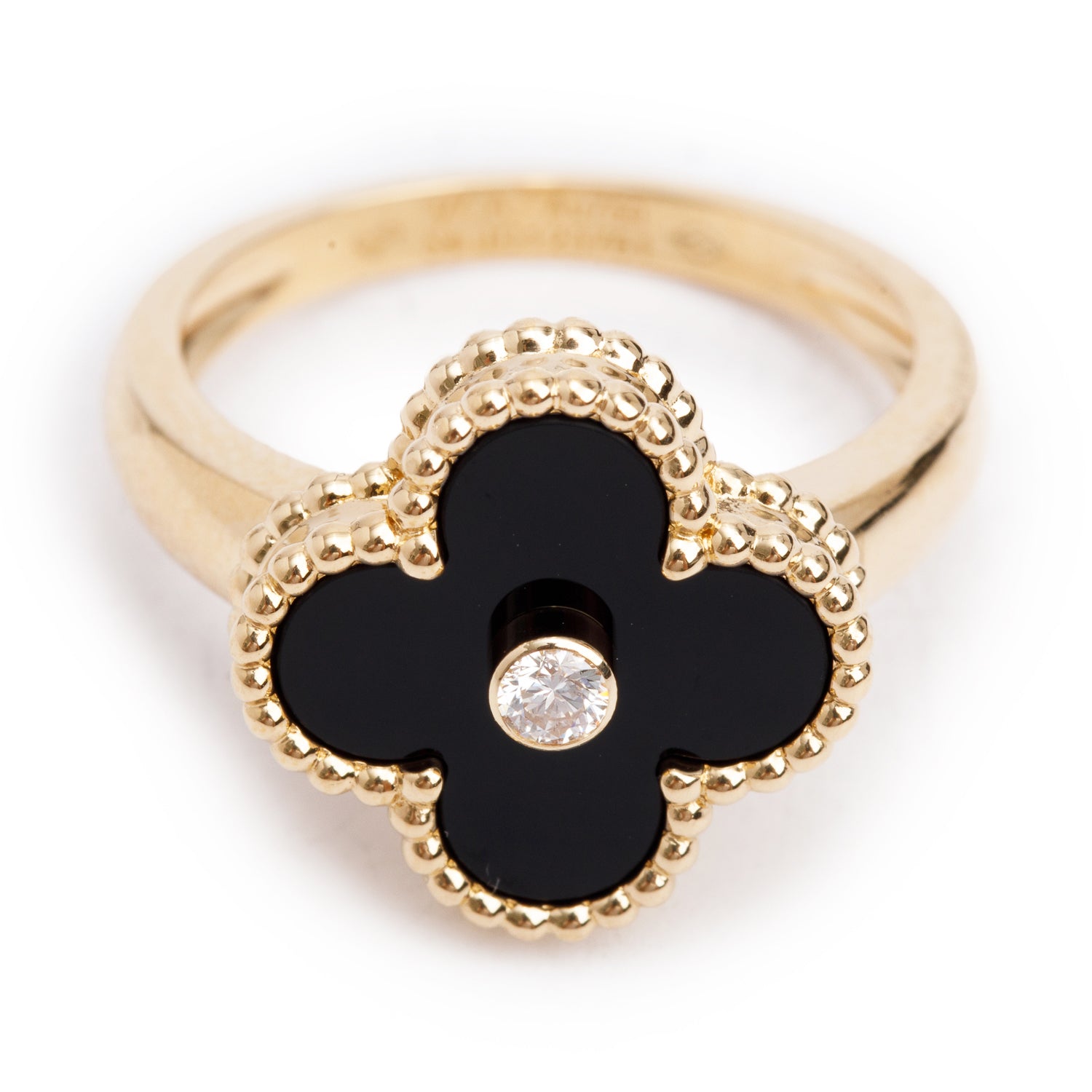 Van Cleef & Arpels 2022 18k Yellow Gold Onyx & Diamond Vintage Alhambra Ring, Size 54 6.75 w/ Box, Certificate & Receipt