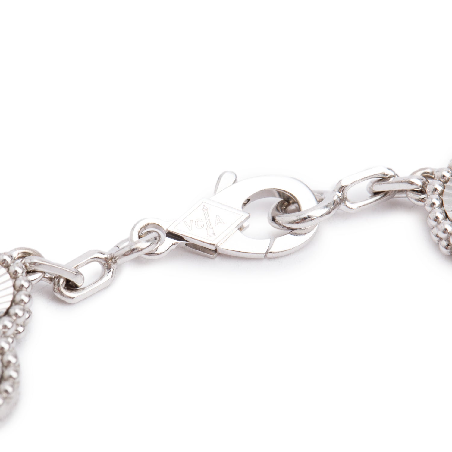 Van Cleef & Arpels 2023 18k White Gold Guilloche Vintage Alhambra 5 Motif Bracelet w/ Valuation Report & Pouch