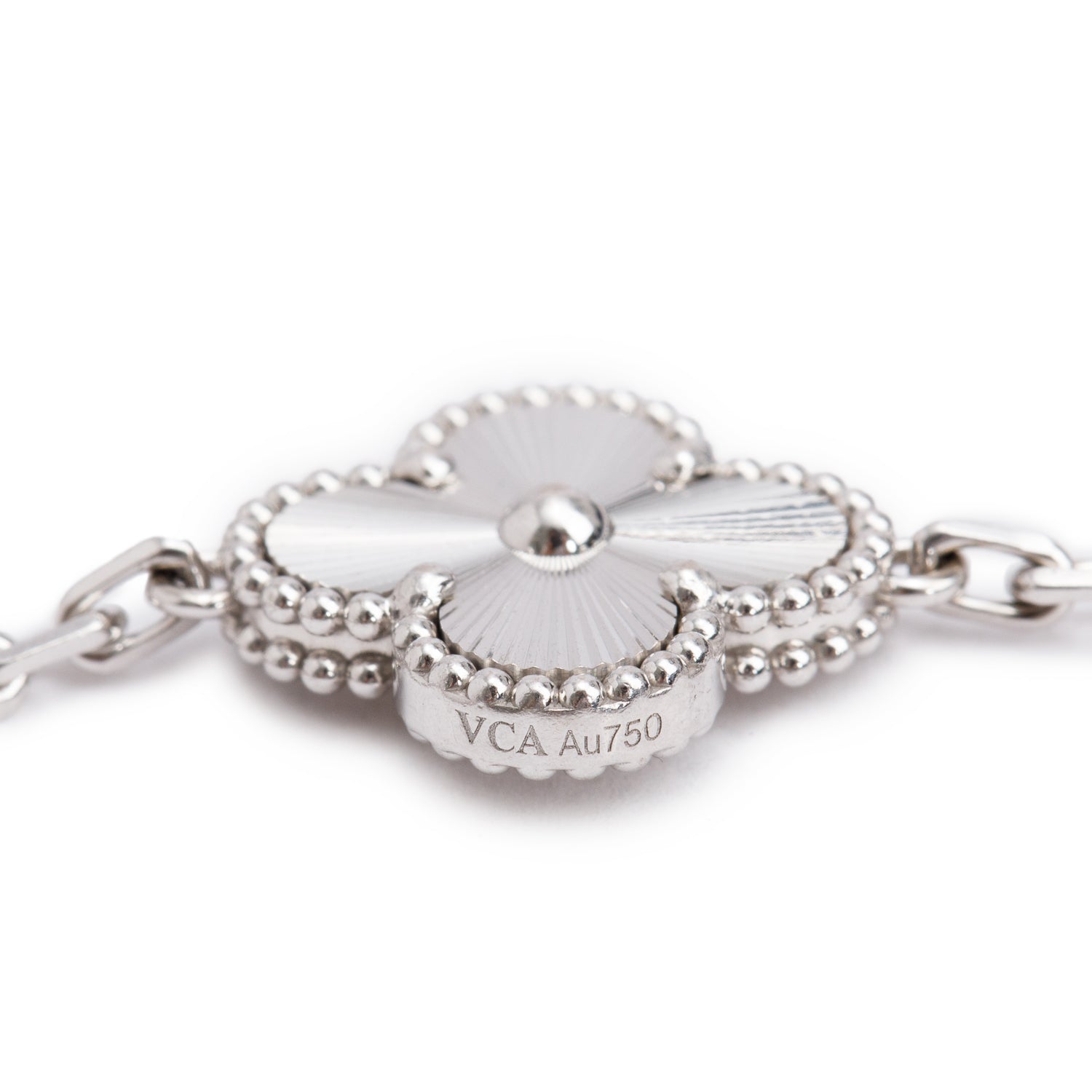 Van Cleef & Arpels 2023 18k White Gold Guilloche Vintage Alhambra 5 Motif Bracelet w/ Valuation Report & Pouch