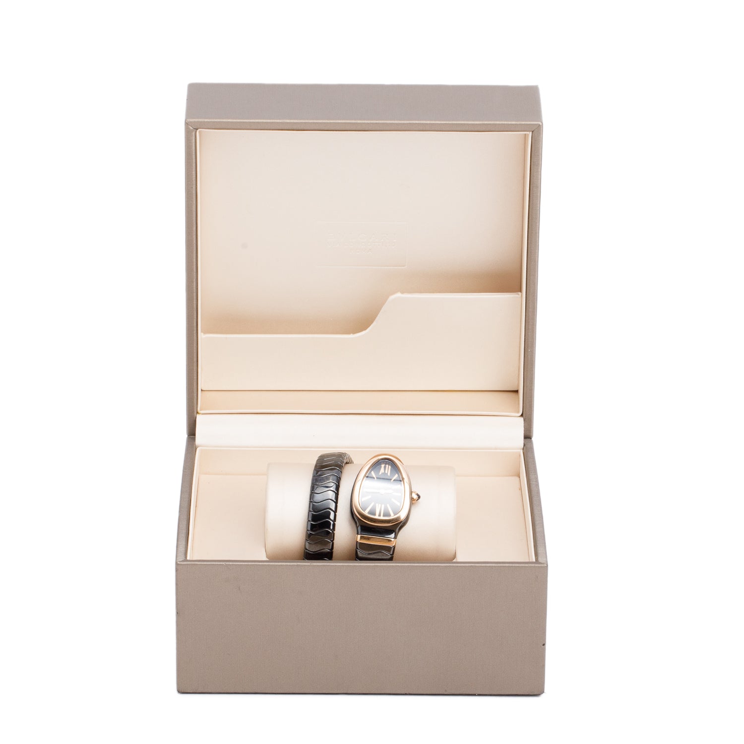 BVLGARI Black Ceramic & 18k Rose Gold Serpenti Spiga Watch w/ Box