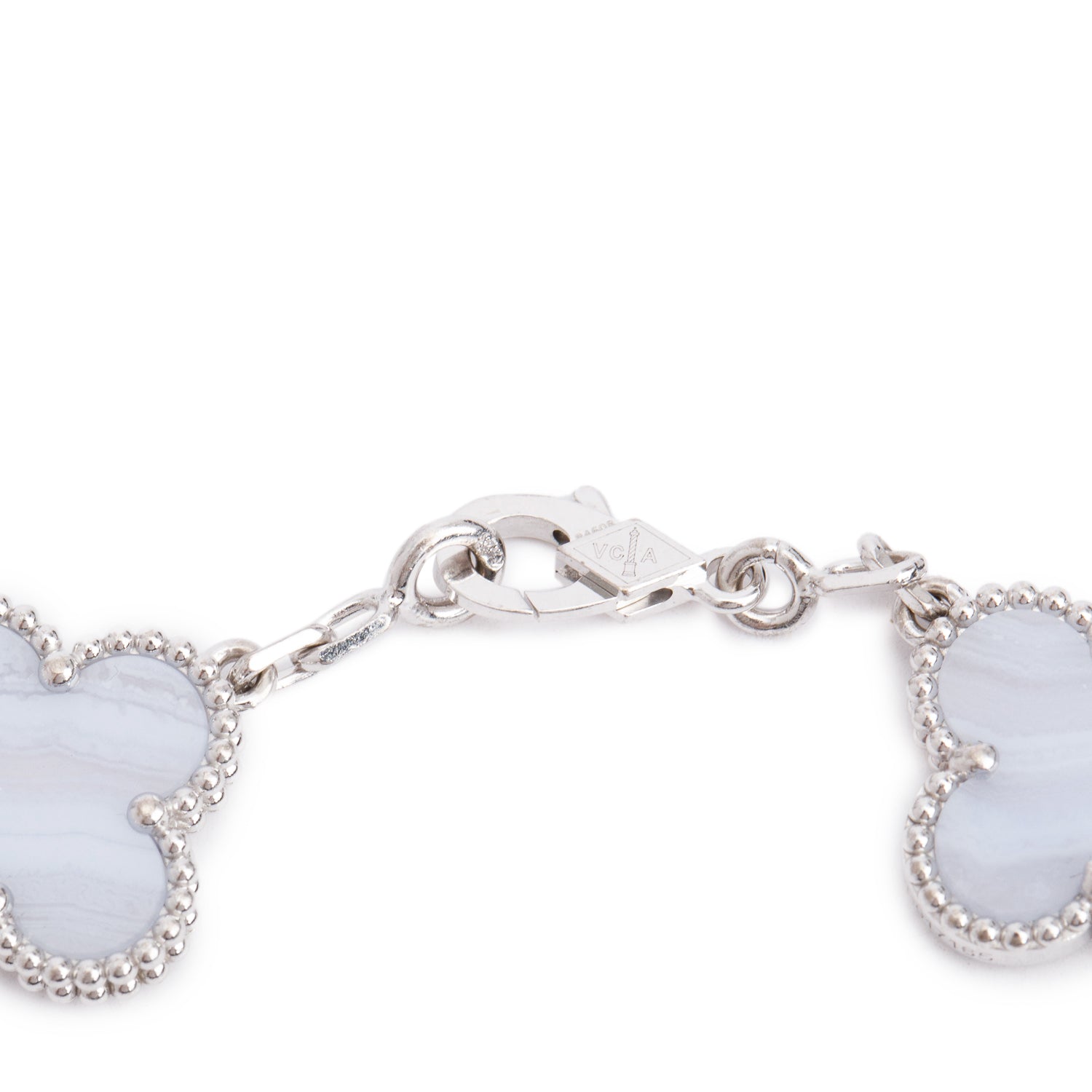 Van Cleef & Arpels 2023 18k White Gold Vintage Alhambra 5 Motif Chalcedony Bracelet w/ Pouch & Receipt