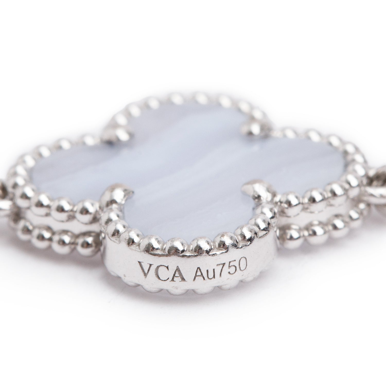 Van Cleef & Arpels 2023 18k White Gold Vintage Alhambra 5 Motif Chalcedony Bracelet w/ Pouch & Receipt