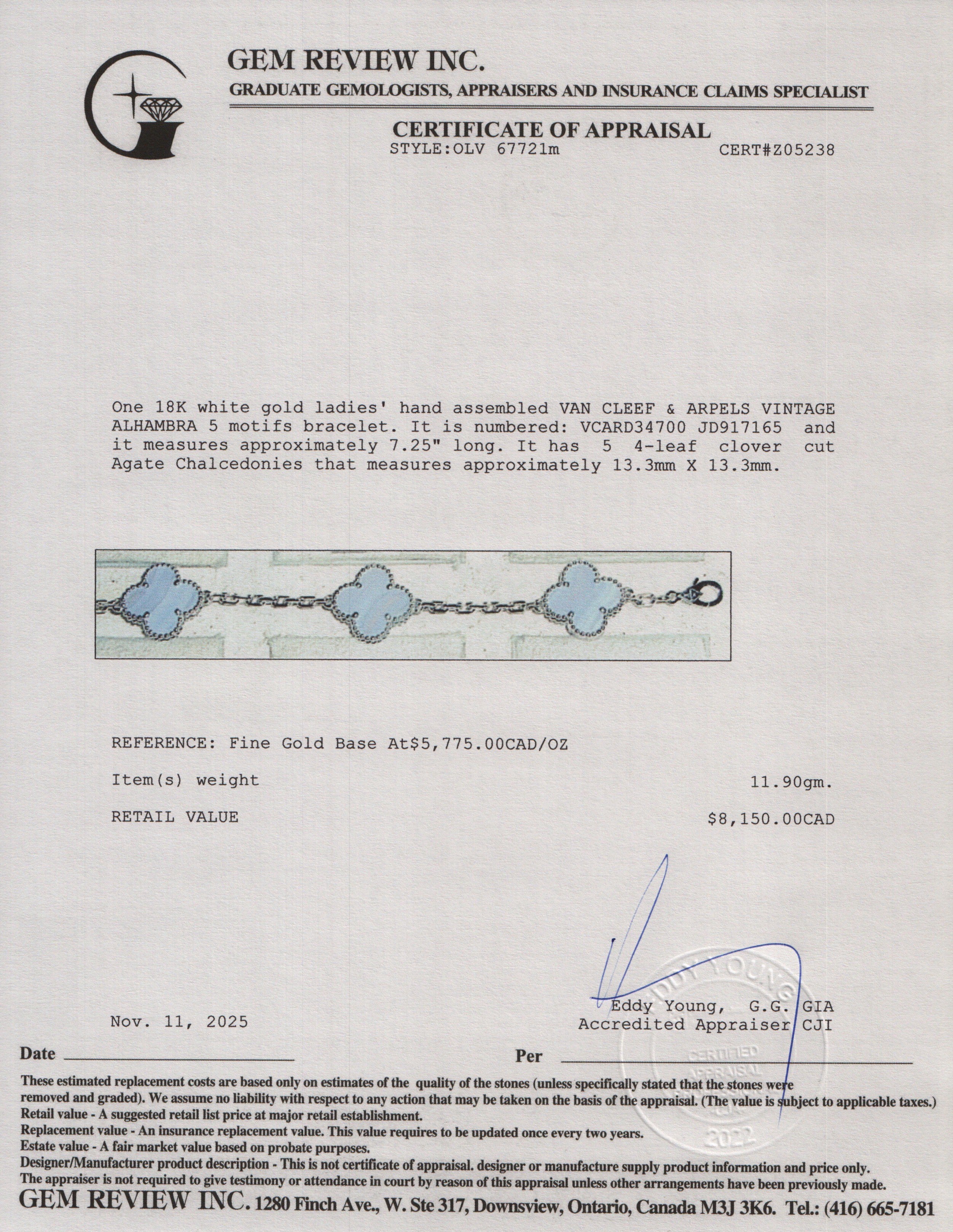 Van Cleef & Arpels 2023 18k White Gold Vintage Alhambra 5 Motif Chalcedony Bracelet w/ Pouch & Receipt