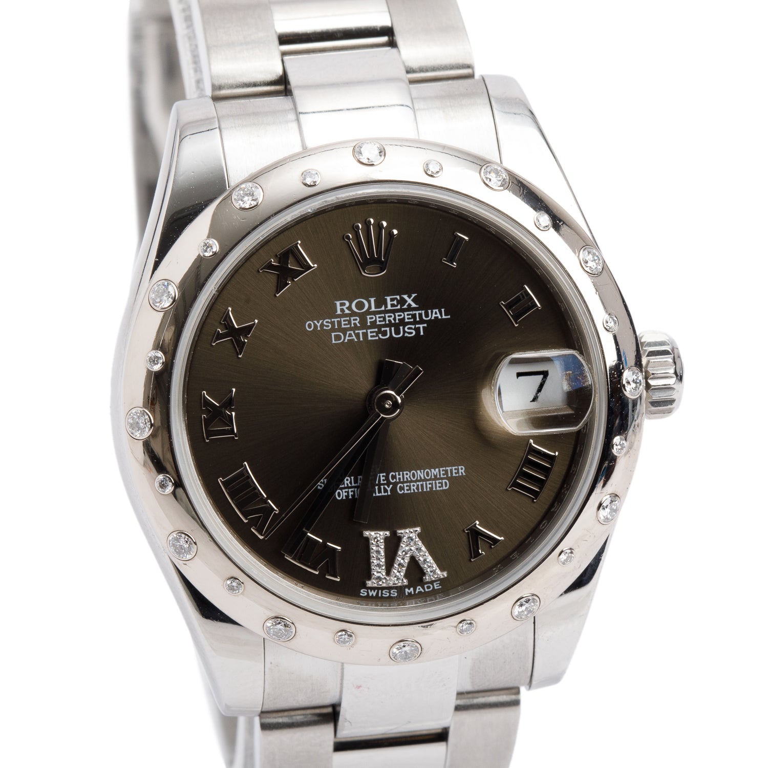 Rolex Stainless Steel Diamond Bezel Datejust 31 MM Automatic Watch Brown Diamond Dial 178344 w/ Box & Papers