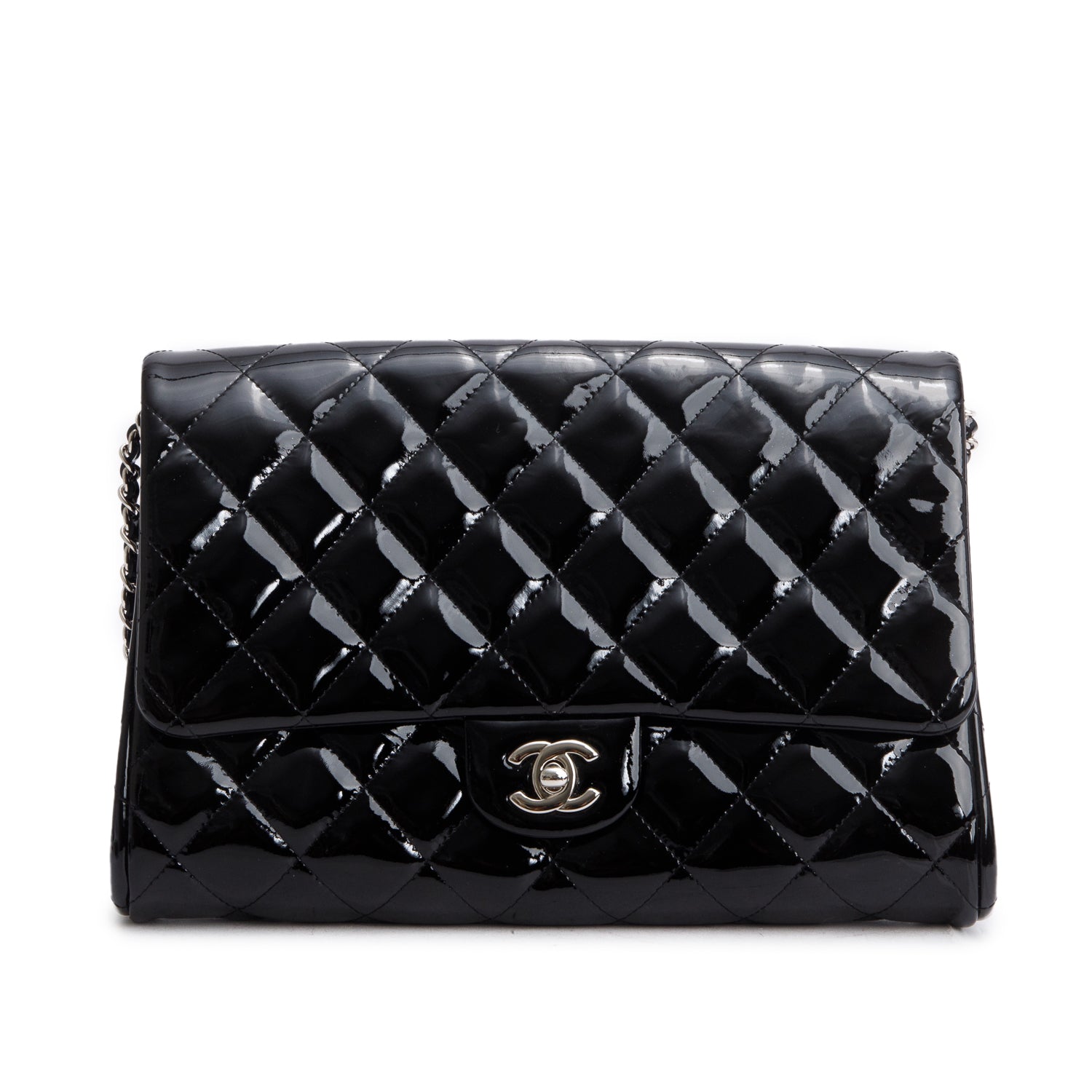 Chanel Black Patent Leather Quilted New Clutch with Chain w/ Authenticity Card