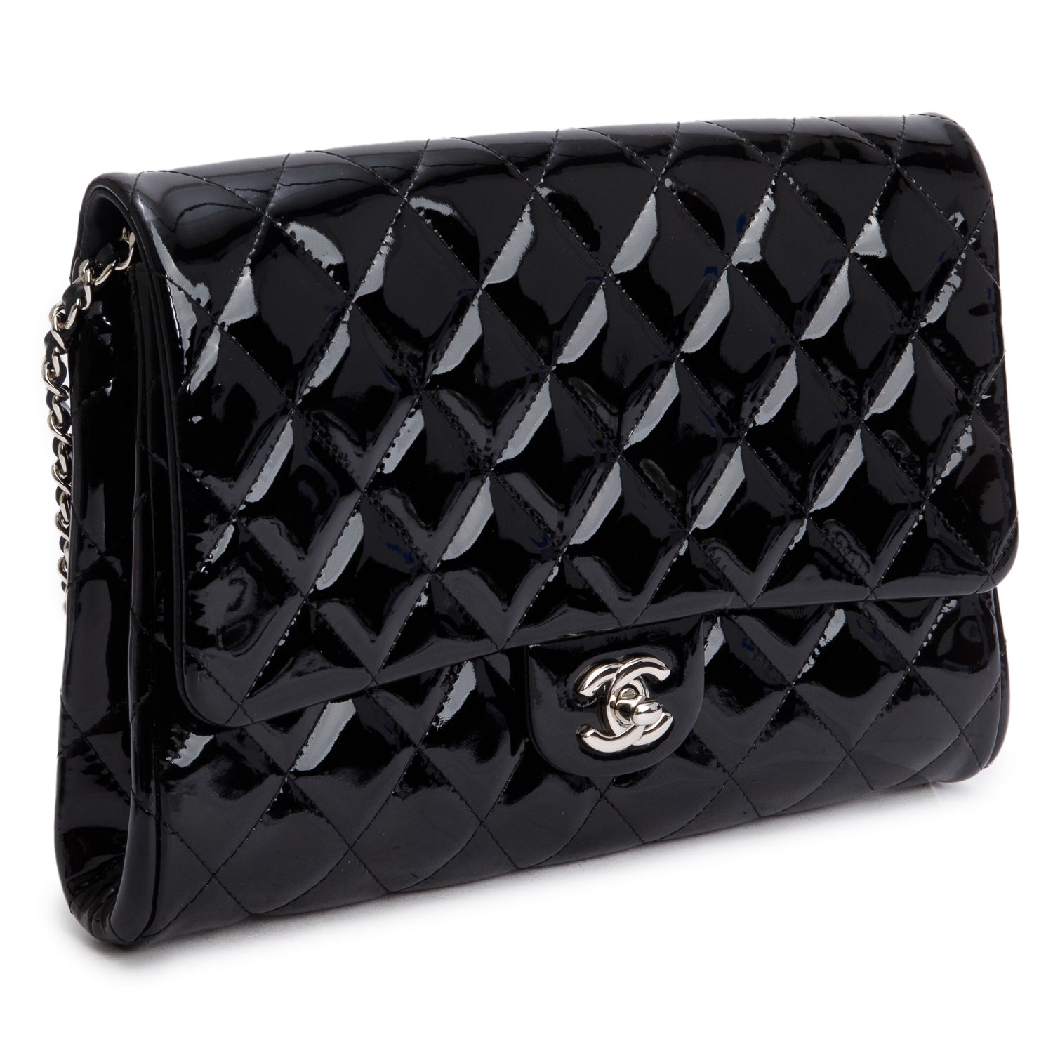 Chanel Black Patent Leather Quilted New Clutch with Chain w/ Authenticity Card