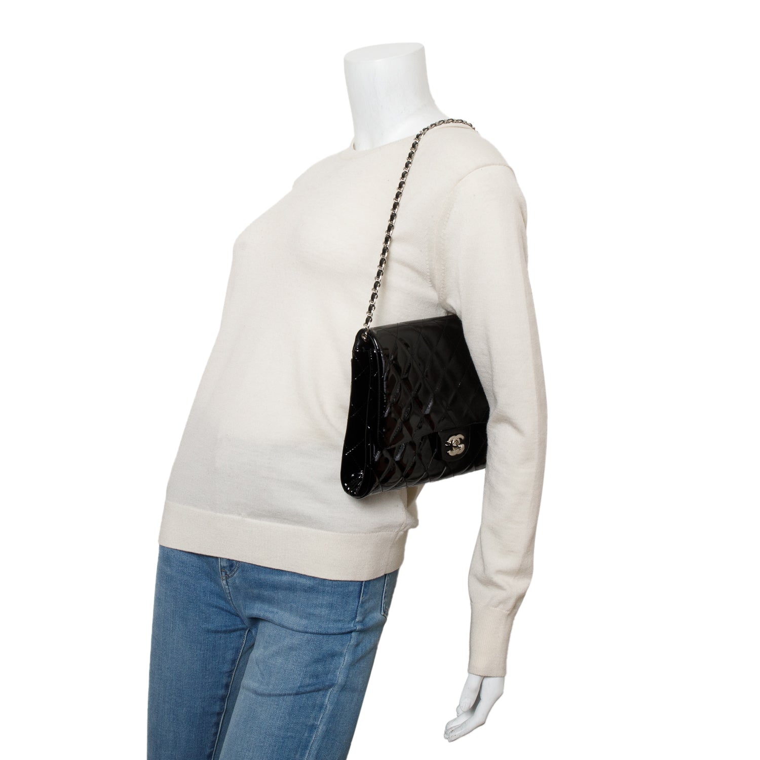 Chanel Black Patent Leather Quilted New Clutch with Chain w/ Authenticity Card