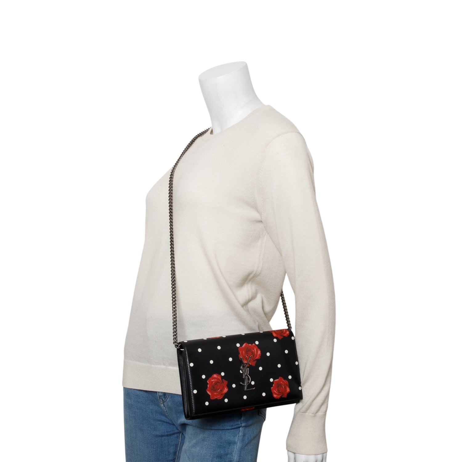 Saint Laurent Black Printed Leather Monogram Kate Chain Wallet